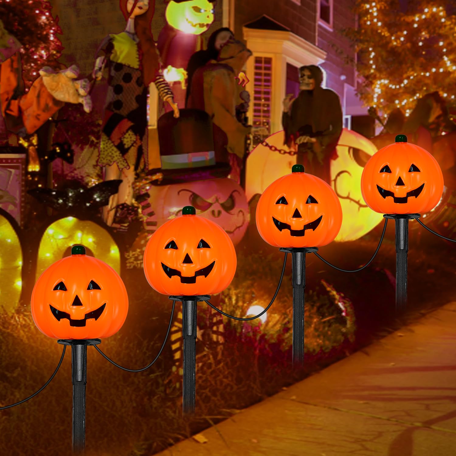 2025 LED Halloween Pumpkin Pathway Lights – 7FT Plug-In Jack-O’-Lantern Yard Stakes, UL Certified & IP44 Waterproof (4-Pack)
