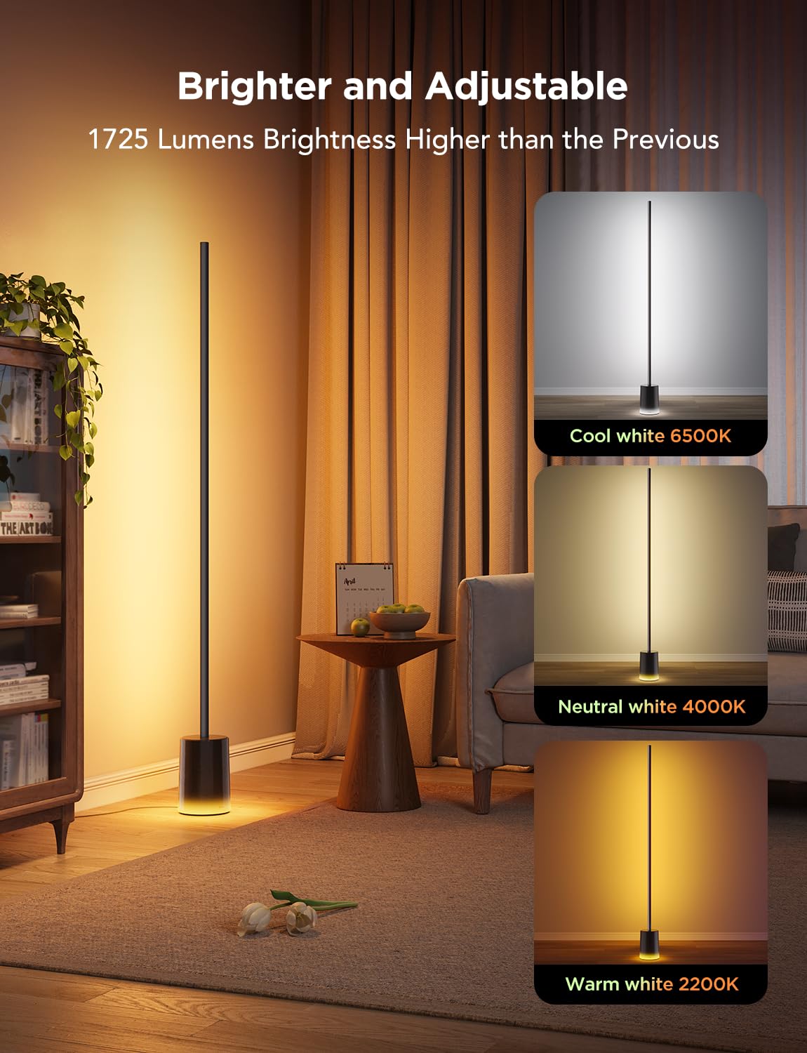 60” RGBICWW Smart Floor Lamp with Matter, 1725lm Brightness & Dual-Zone Lighting Design – Black