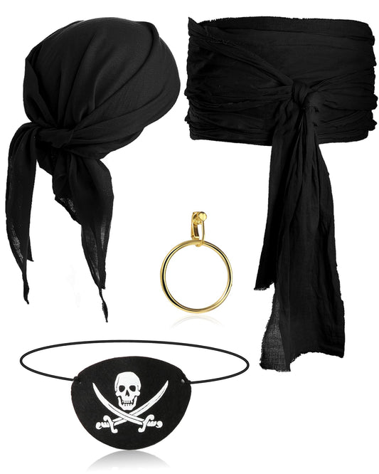 Black & Red Pirate Accessory Set – Bandana, Sash, Eye Patch & Earring Kit for Adults