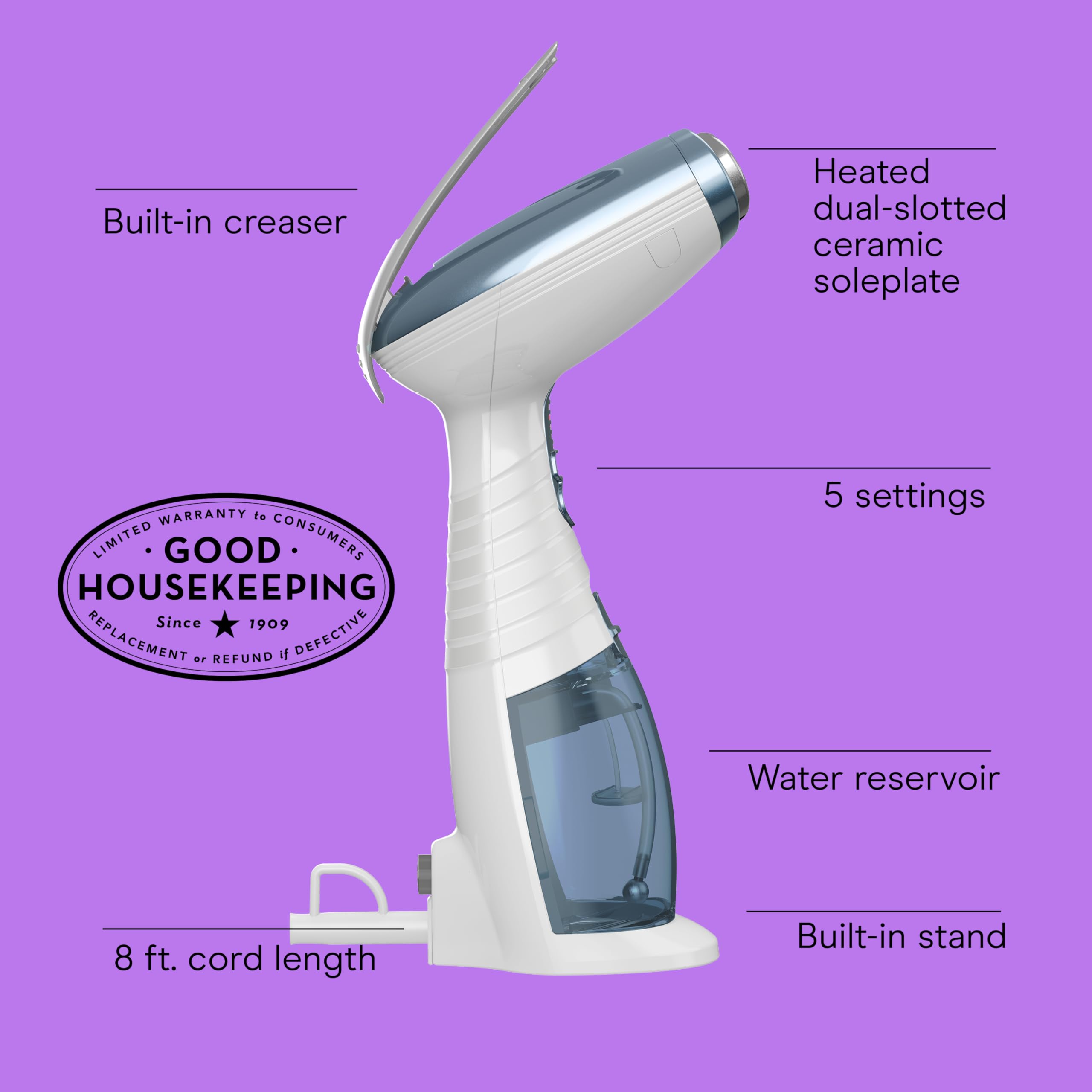 Conair Turbo ExtremeSteam Blue Professional Handheld Garment Steamer 1875W with Aluminum Steam Plate and Creaser