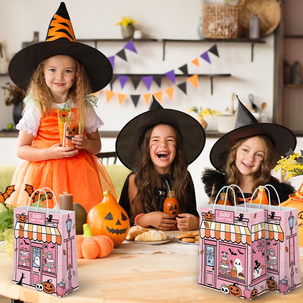 Lofaris 24 Pcs Halloween Bags 16x8x22cm, Boo Candy Store Treat Bags with Cute Ghosts & Pumpkins, Pink & Orange Party Favor Bags for Kids, Trick or Treat Goodie with Handles
