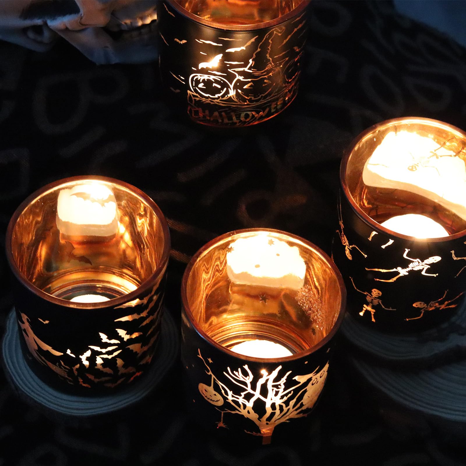 Black & Gold Halloween Candle Holders – 4PCS Laser-Engraved Glass Votive Set with Witches & Pumpkins