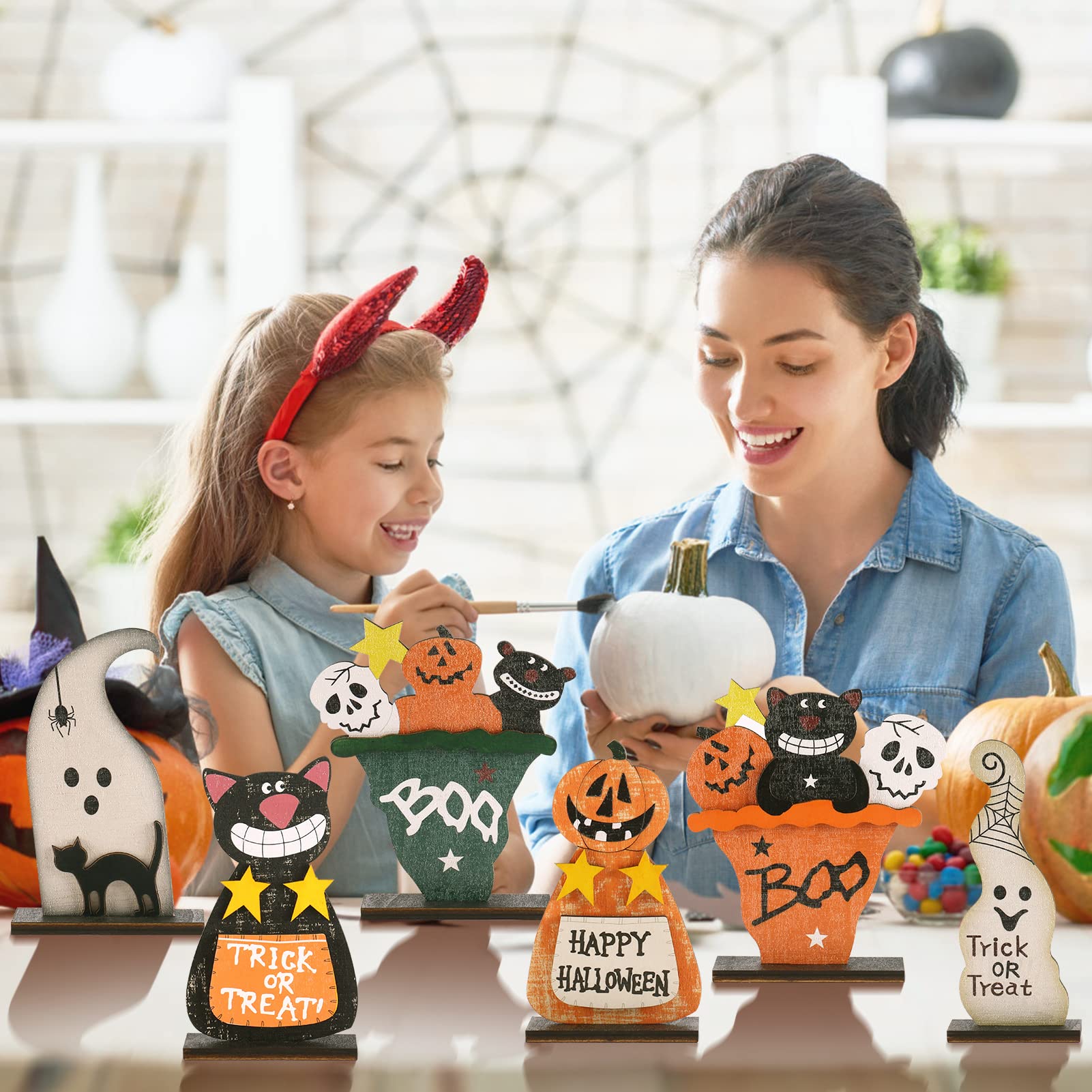Wooden Halloween Table Decorations Set – Ghost, Black Cat, Pumpkin Monster & Skull Figurines (Multicolor, 4-Piece Set)