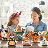 Wooden Halloween Table Decorations Set – Ghost, Black Cat, Pumpkin Monster & Skull Figurines (Multicolor, 4-Piece Set)