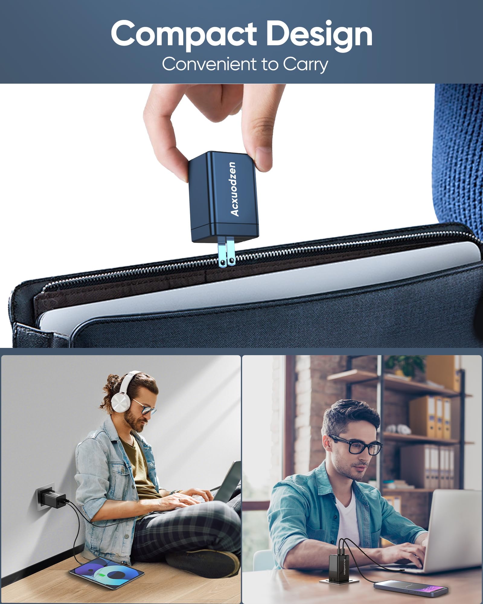 Acxuodzen 160W GaN III USB-C Charger Block 3 Port Dual 65W Fast Charging Foldable Adapter 2 Pack for MacBook iPhone Samsung iPad – Black