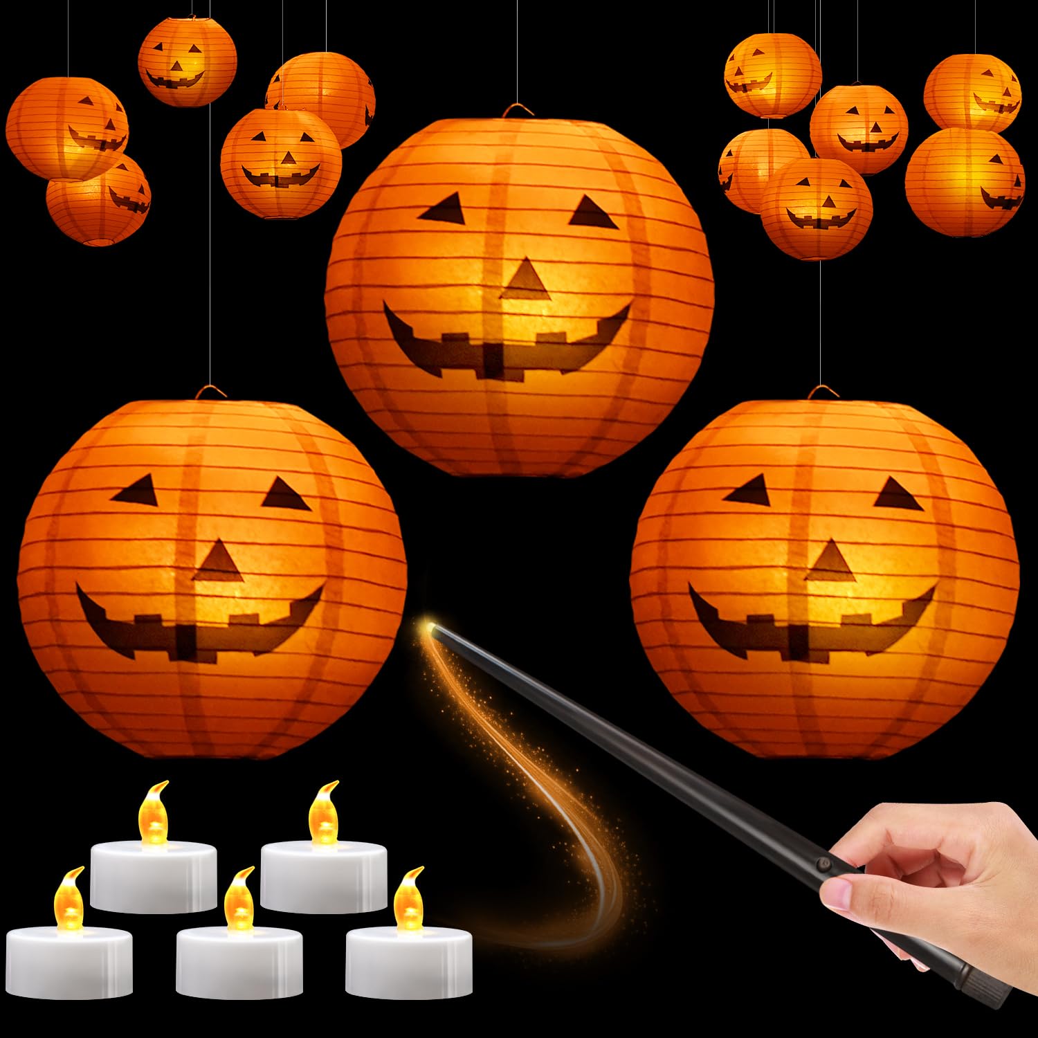 Floating Jack-O’-Lantern Halloween Lights – 12 Paper Pumpkins with 24 LED Tea Lights & Remote Control (Spooky Floating Decor)