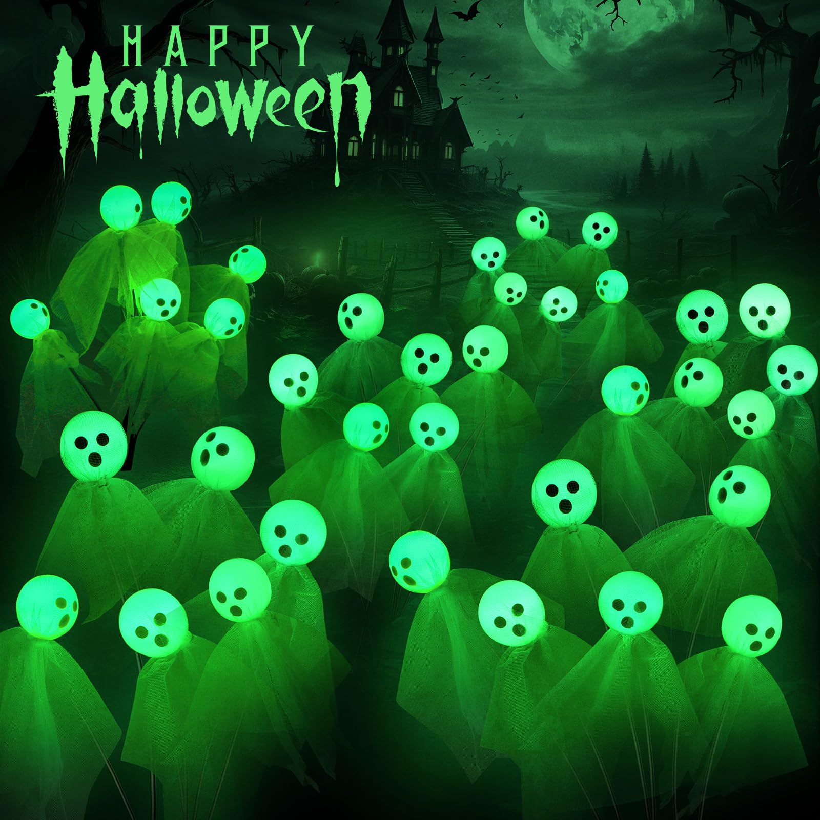 VIHOSE 2 Packs Halloween Decorations Outdoor Halloween Ghost Path Lights 12 LED Spooky Solar Lights Waterproof Solar Firefly Ghost Swaying Light for Outside Garden Lawn Yard Decors (Green)