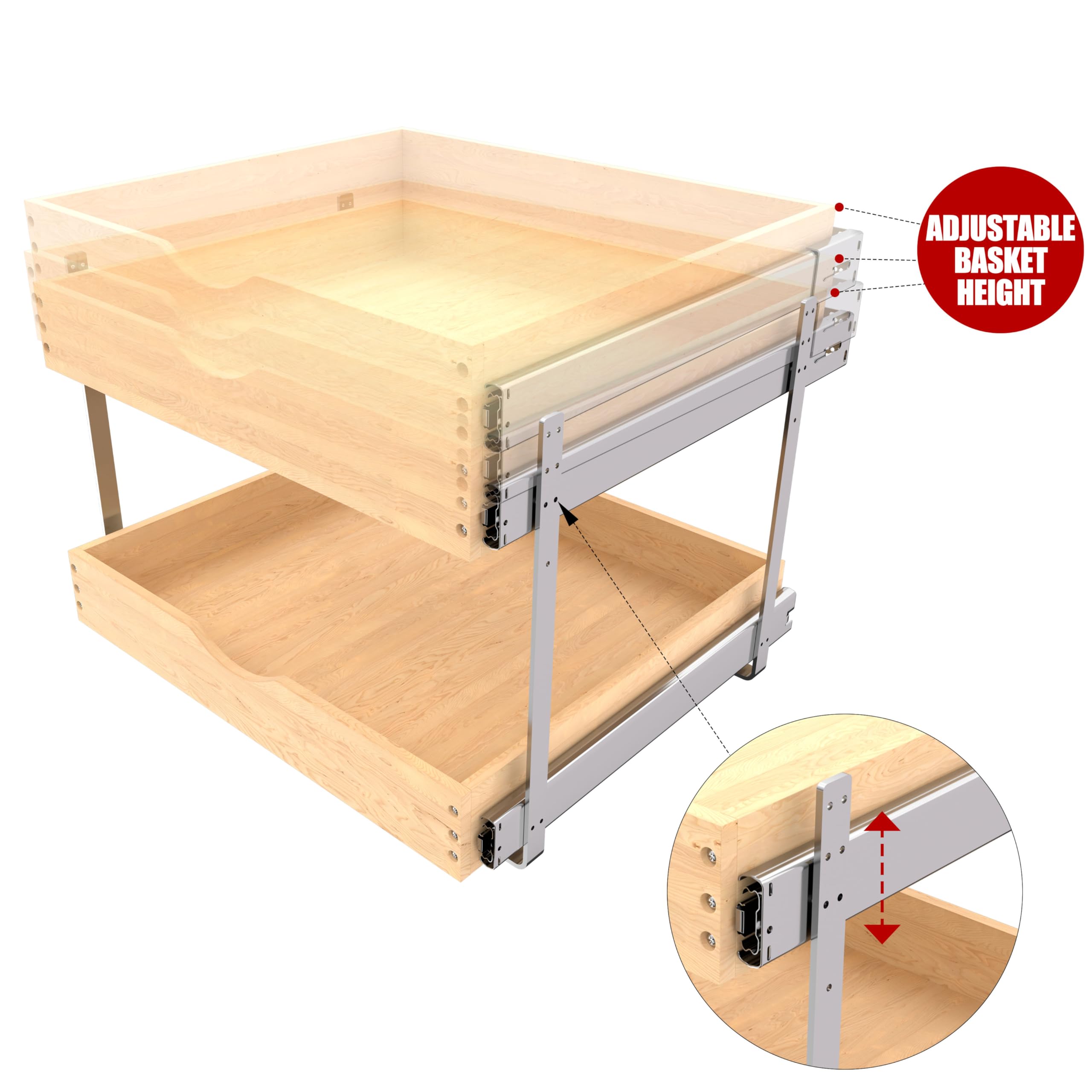 Jowboow 2-Tier Wooden Pull-Out Cabinet Shelves – Independent Slide-Out Drawers with Heavy-Duty Glide System