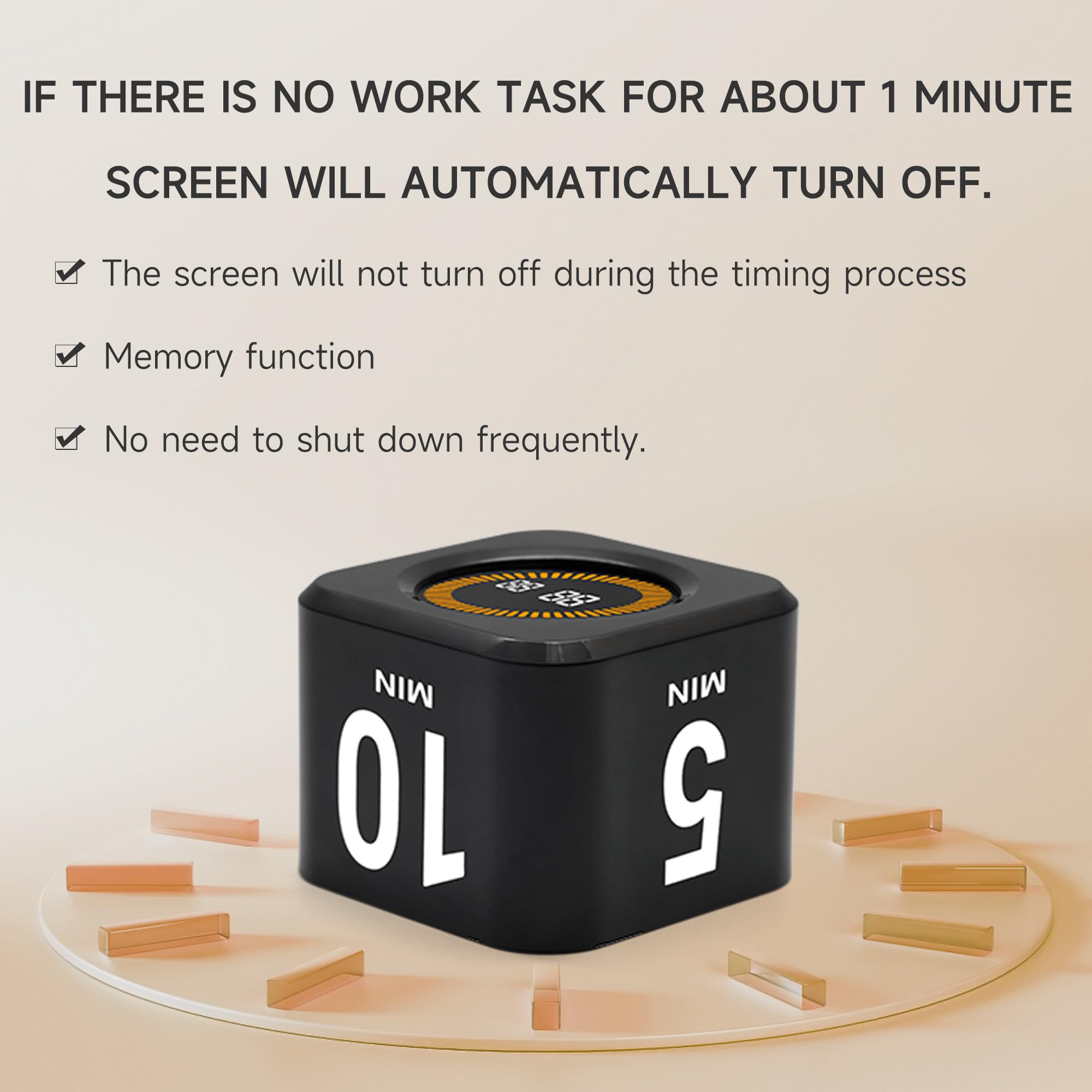 EXLLIY Rotating Focus Cube Timer with Custom Presets, Visual Energy Bar & Silent Mode – Black