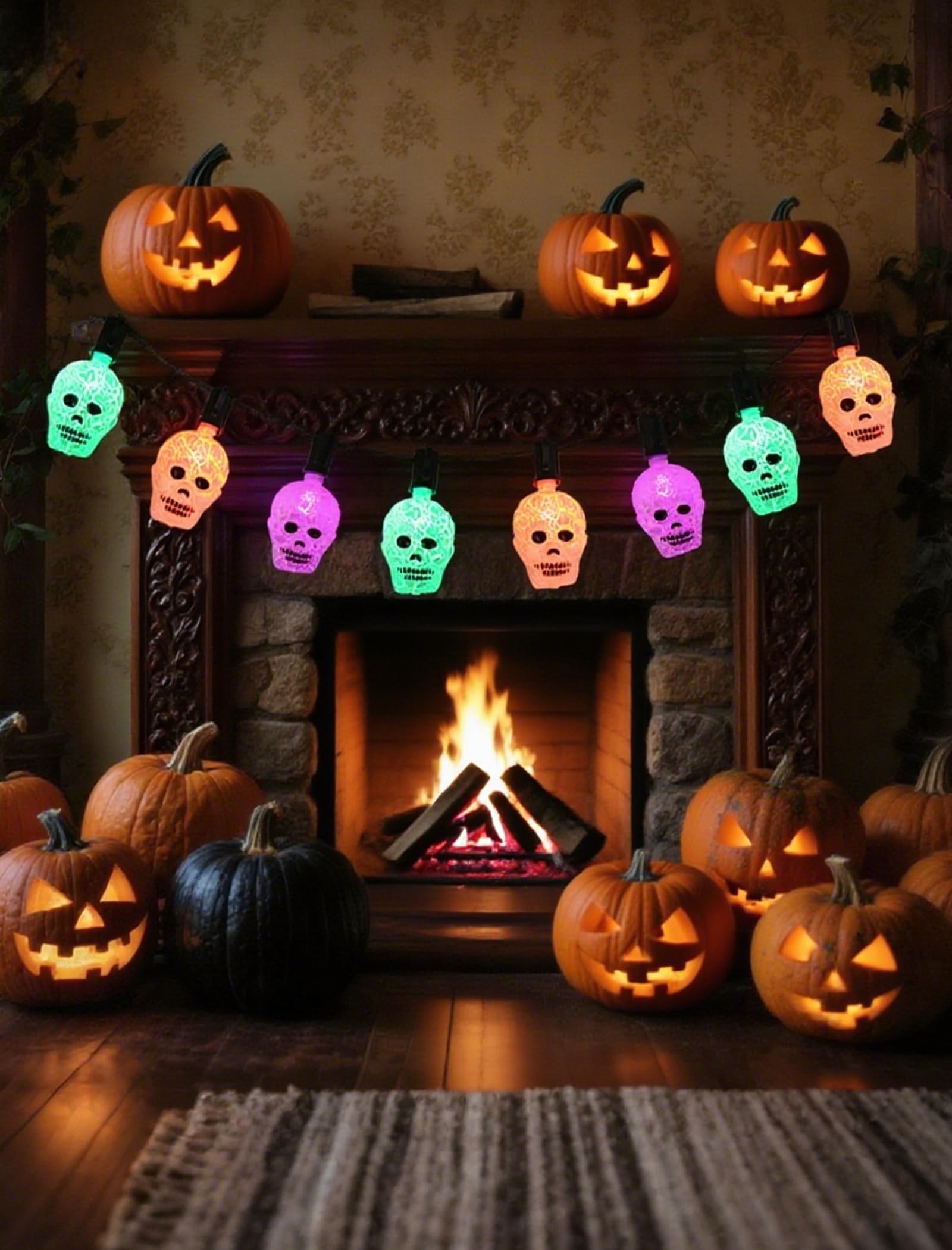 Crackle Skull String Lights – 10Pc Gothic Halloween LED Set with End-to-End Connectors (Multicolor, Indoor & Outdoor Use)