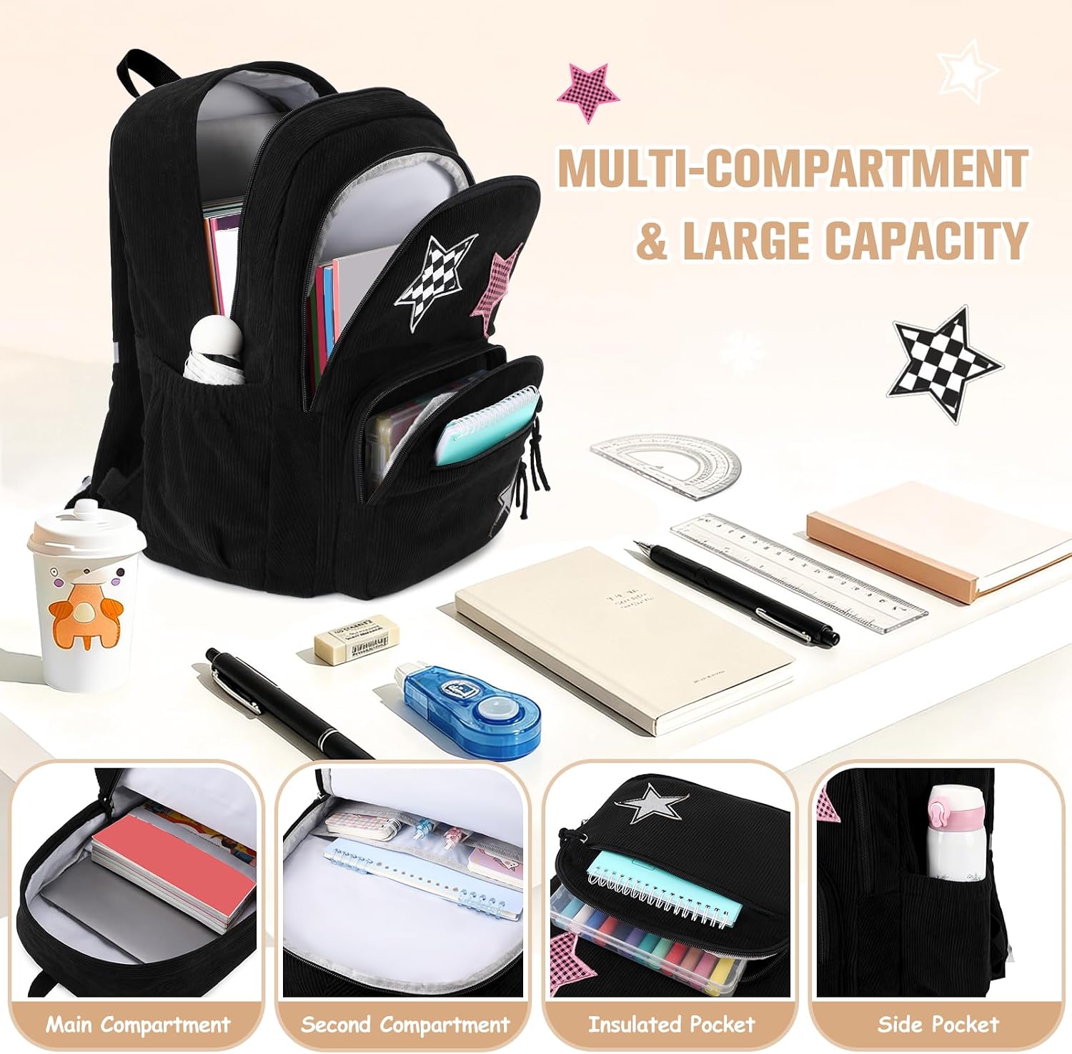 Black Star Corduroy 3-Piece School Backpack Set