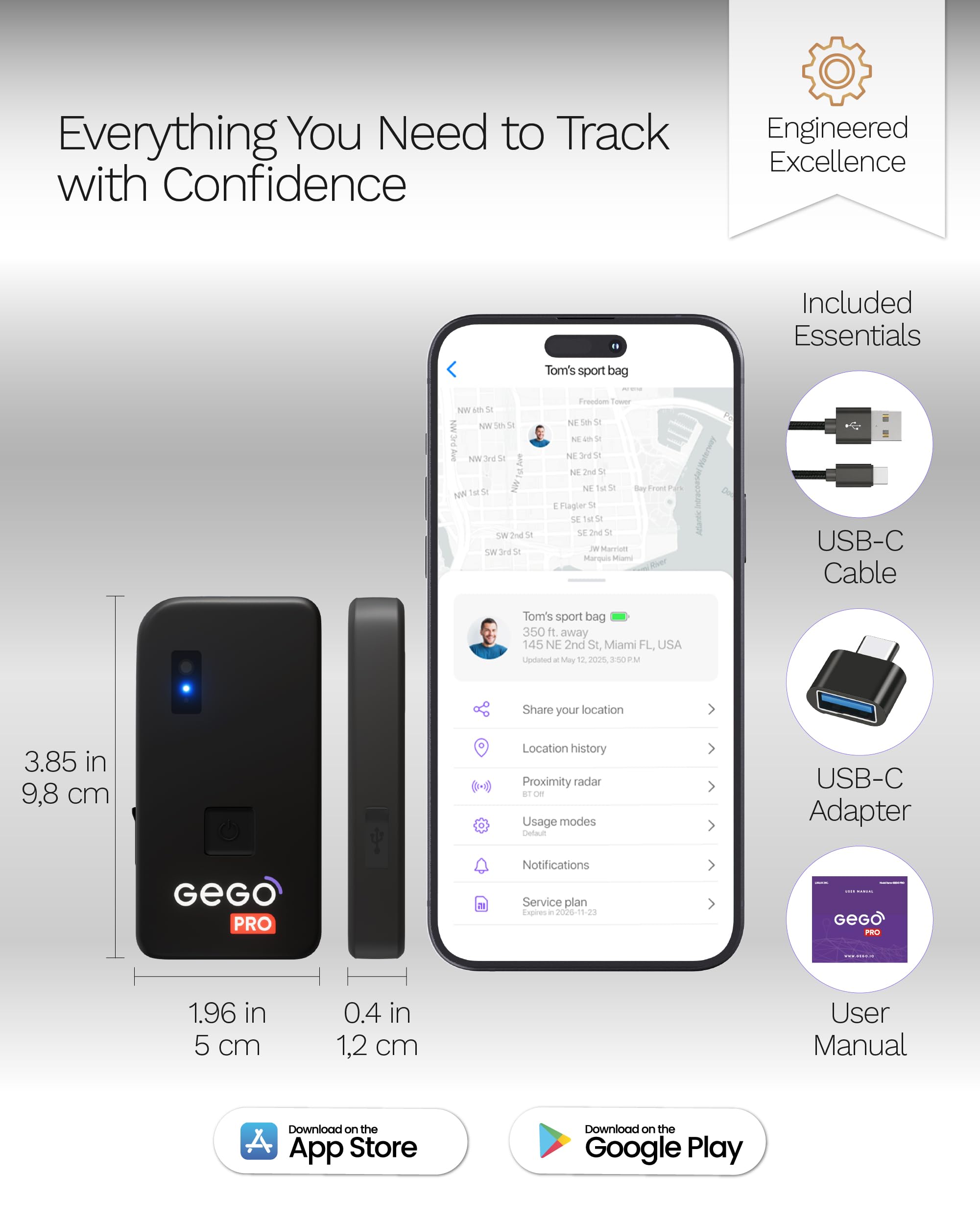 GEGO PRO Real-Time Global GPS Tracker for Luggage and Assets, TSA Approved Smart Travel Tracker with Multi-Network SIM and Security Alerts