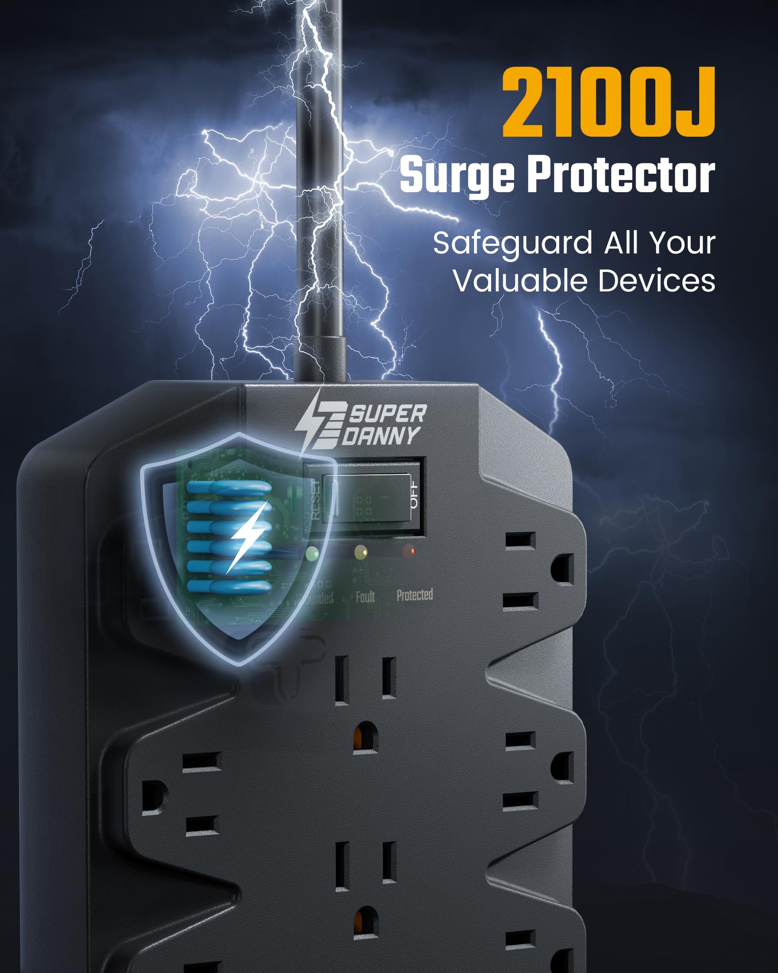 SUPERDANNY Heavy Duty Surge Protector Power Strip with 18 AC Outlets, 4 USB Ports & Flat Plug Wall Mount Extension Cord