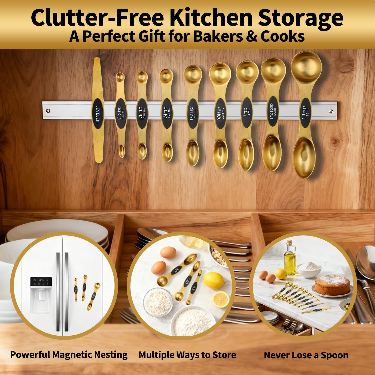 Gold Stainless Steel Measuring Cups & Spoons Set – Magnetic, Double-Sided, Precision Baking Tools (16-Piece)
