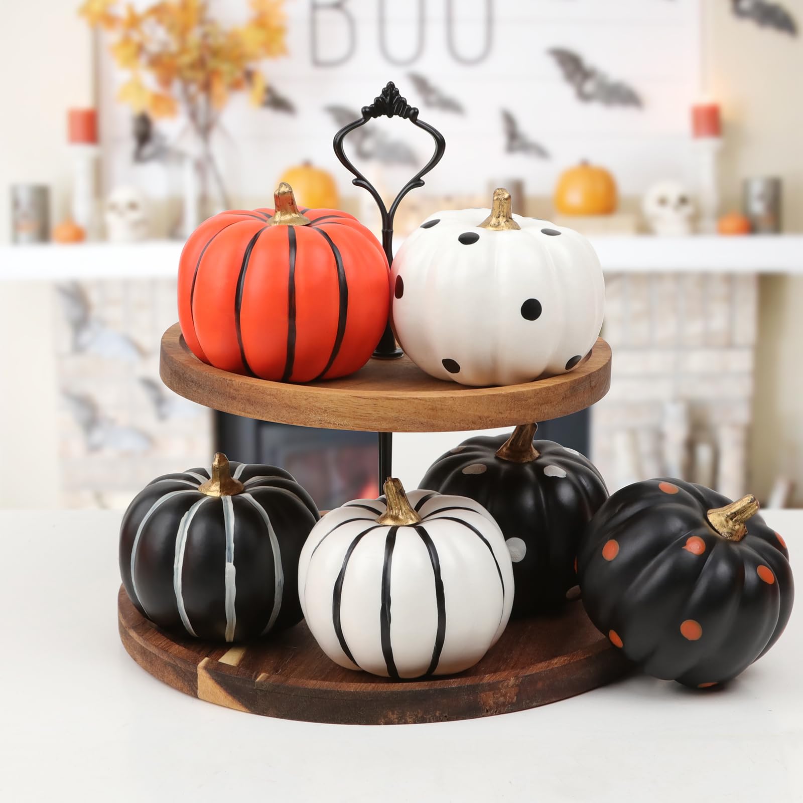Hand-Painted Black & White Halloween Pumpkins Set – 6 Foam Decorative Pumpkins with Dots & Stripes