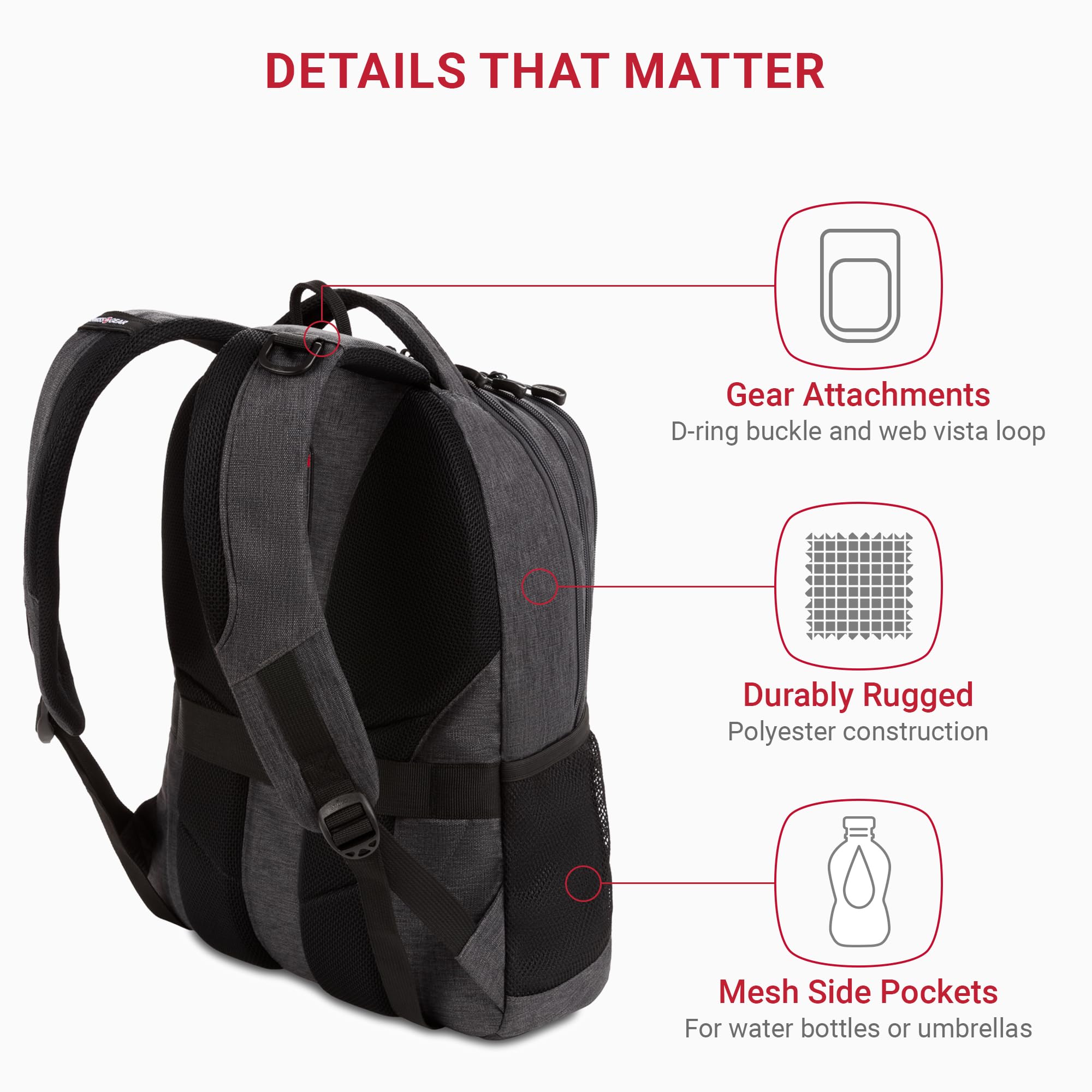 SwissGear 5505 Cecil 16″ Laptop Backpack – Lightweight Everyday Carry with Gear Attachments (Charcoal)