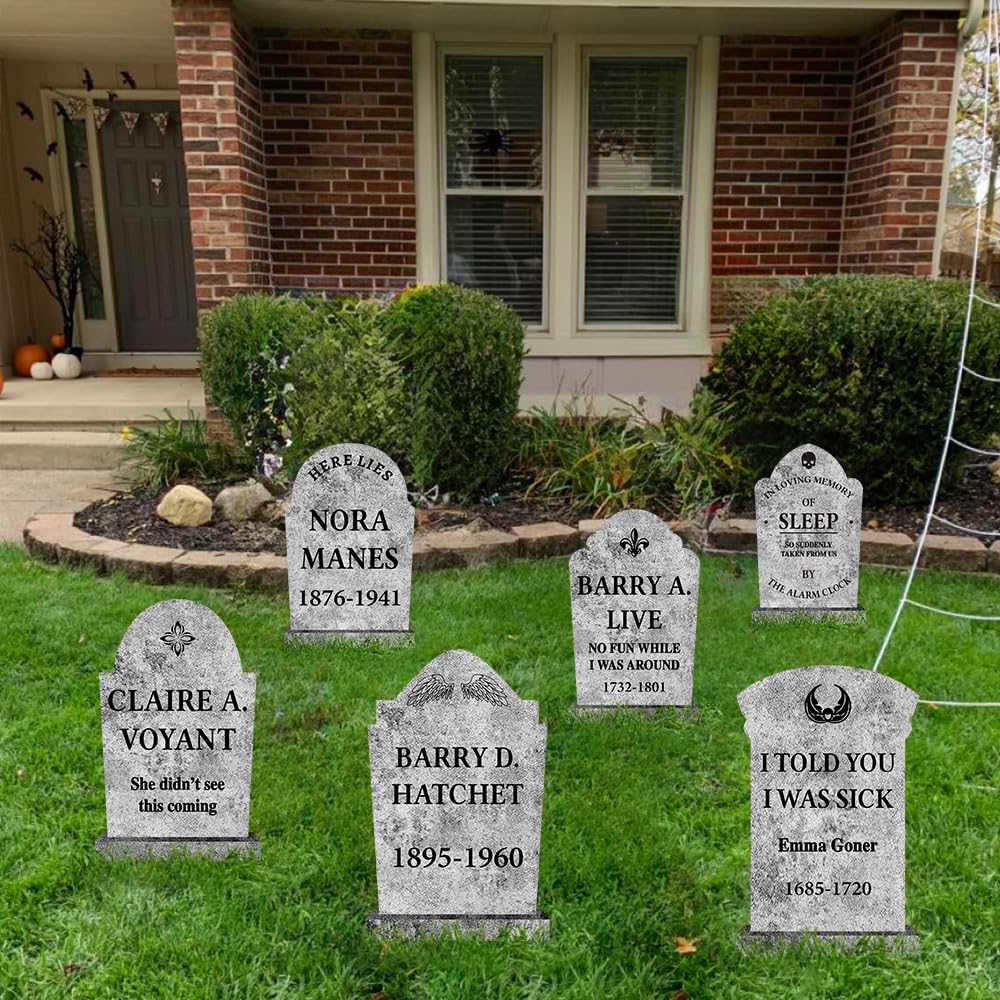 6PCS Stone Grey Halloween Tombstones Yard Signs – Realistic Graveyard Headstones with Stakes for Outdoor Cemetery Decorations