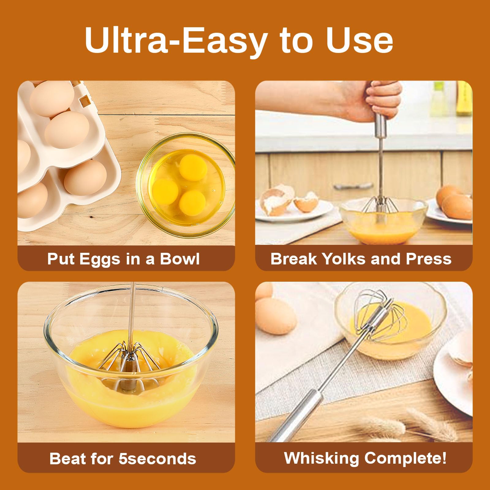Semi-Automatic Stainless Steel Hand Whisk – One-Press Easy Mixing Tool (10 in)
