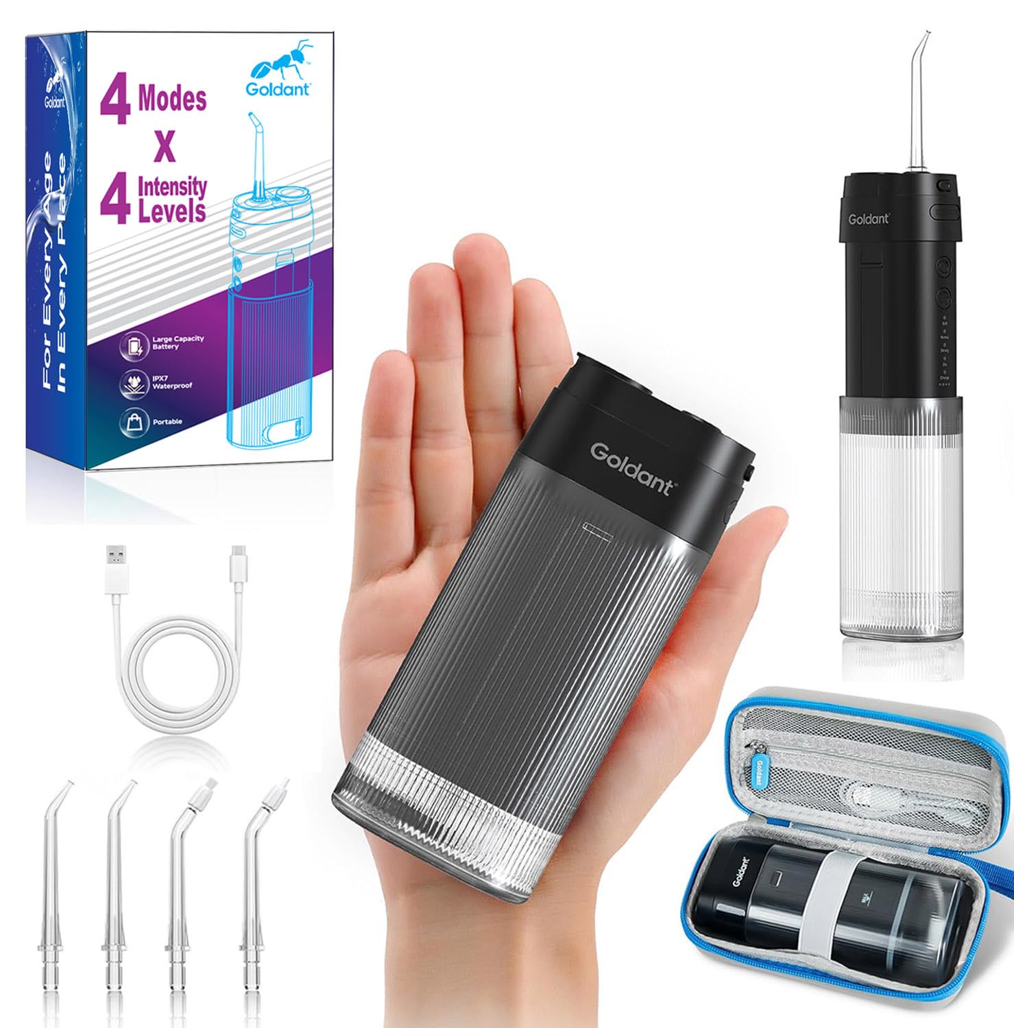Portable Water Flosser for Teeth – Cordless Dental Oral Irrigator with 4 Modes, 16 Pressure Levels, Travel Case & IPX7 Waterproof Design