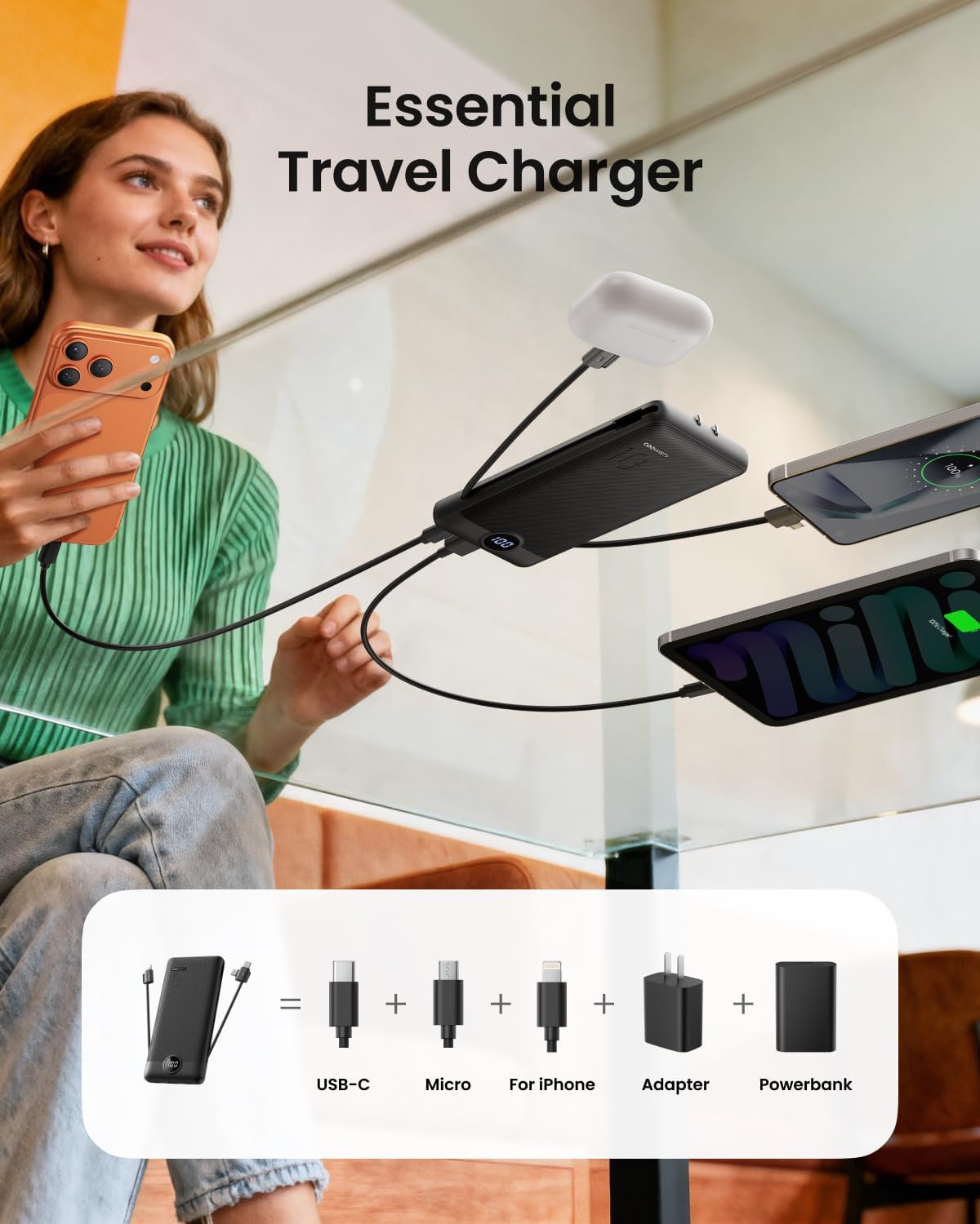 10000mAh Portable Power Bank with Foldable Wall Plug & Built-in Charging Cables