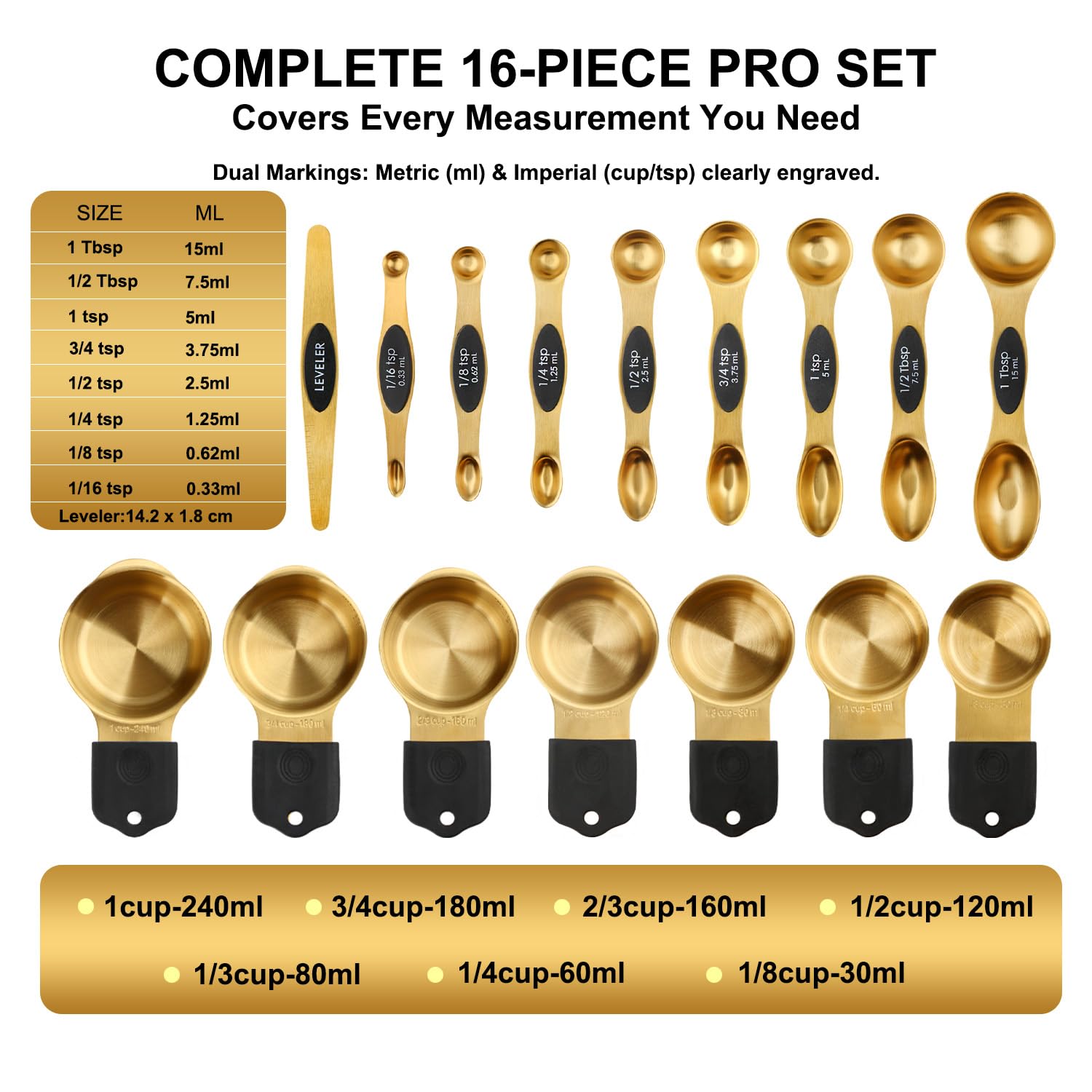 Gold Stainless Steel Measuring Cups & Spoons Set – Magnetic, Double-Sided, Precision Baking Tools (16-Piece)