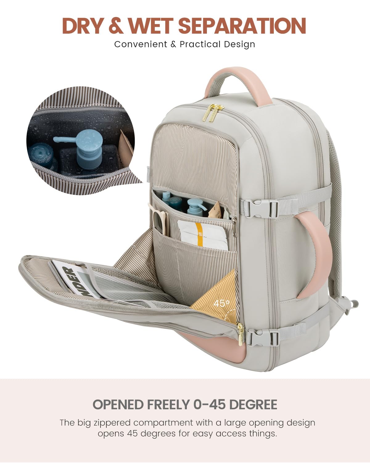 LOVEVOOK 40L Carry-On Travel Backpack for Women with Packing Cubes & Wet Pocket – TSA Approved – Pink Grey