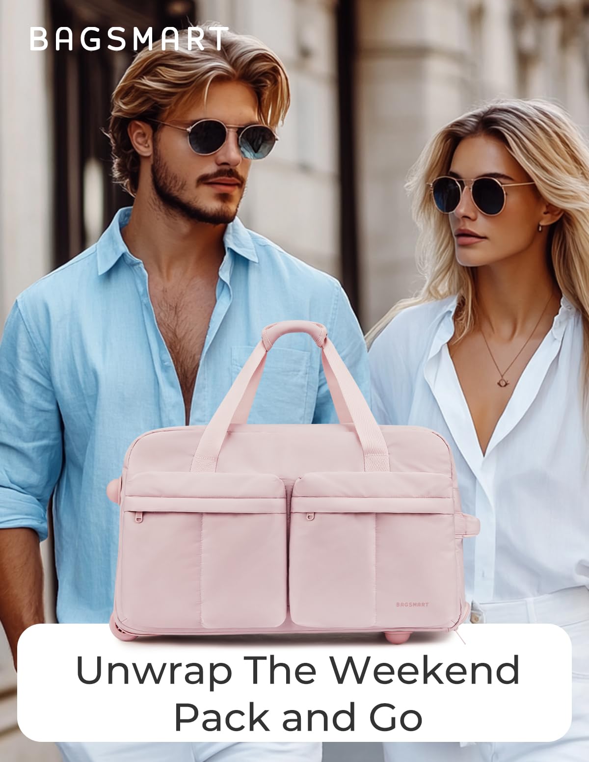 Bagsmart 42L Rolling Duffle Bag with Wheels & Wet Pocket – Airline Approved Carry-On, Pink