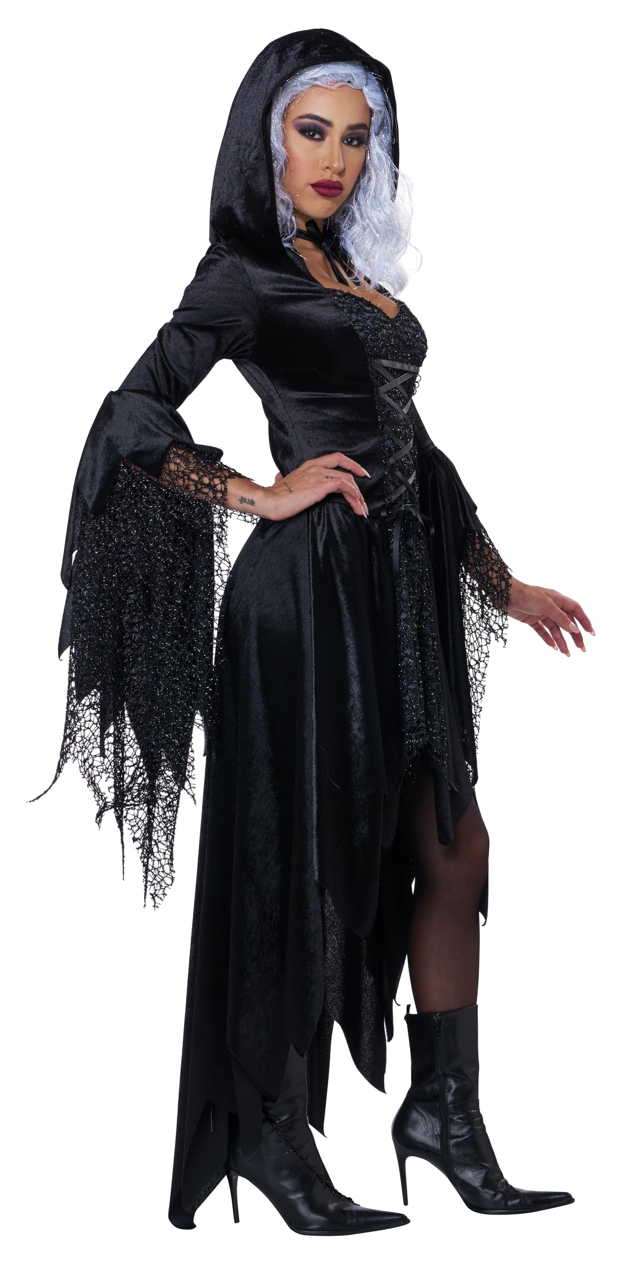 Black Hooded Witch Costume for Women – Elegant Lace Chest Dress with Bell Sleeves