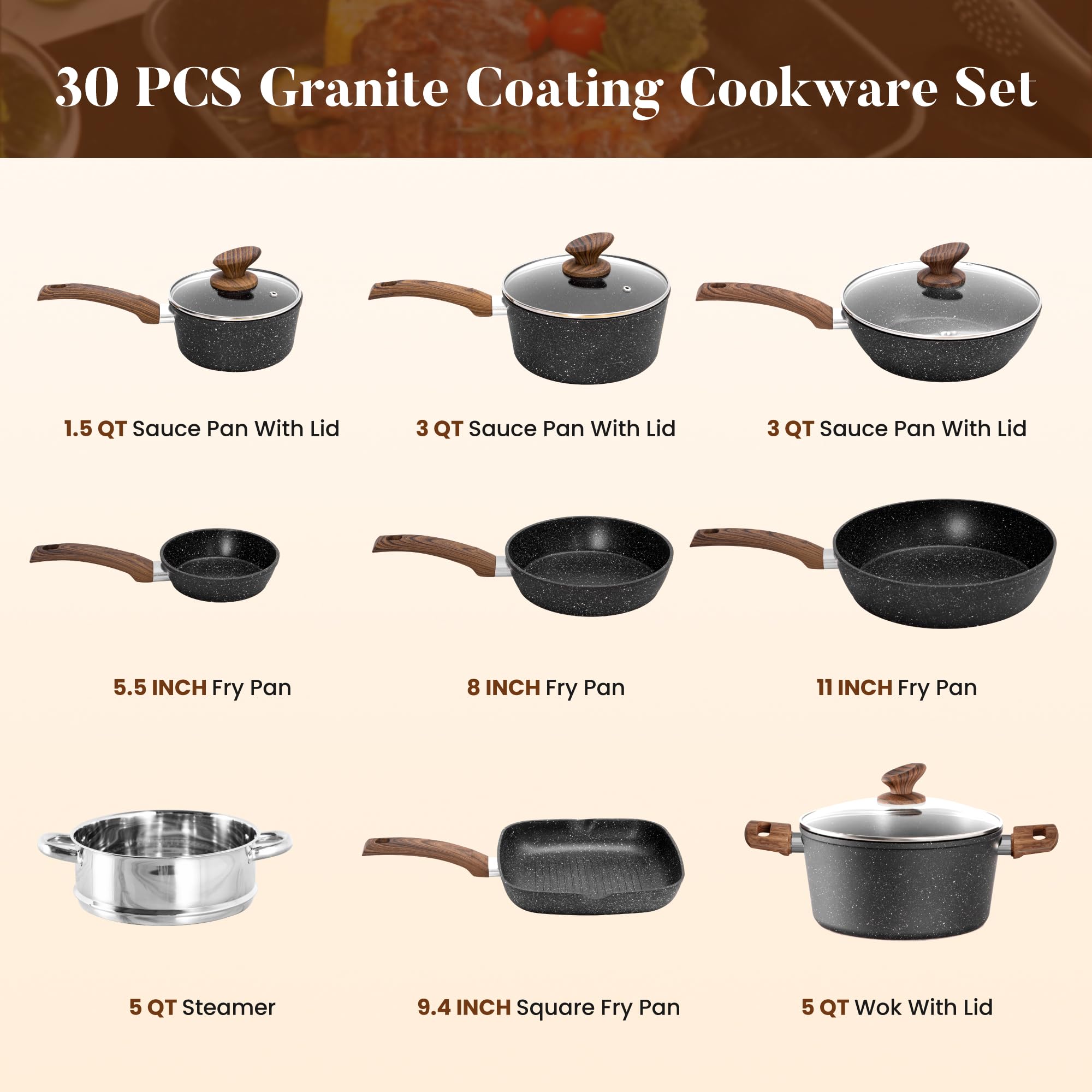 30-Piece Nonstick Granite Cookware & Bakeware Set with Induction Compatibility