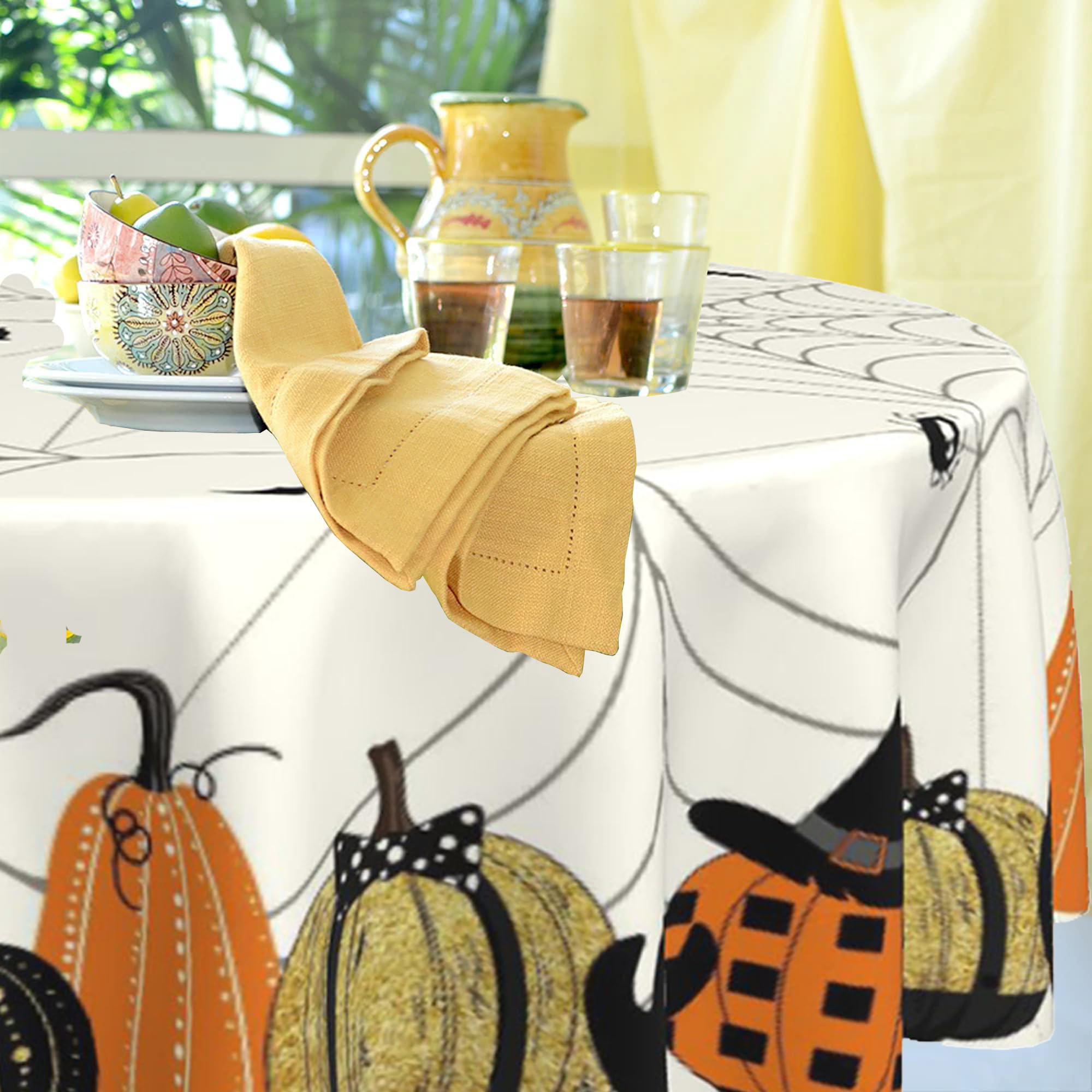 Halloween Round Tablecloth – Black Pumpkin Skull Polyester Cover for Dining & Party Decor (20"–47")