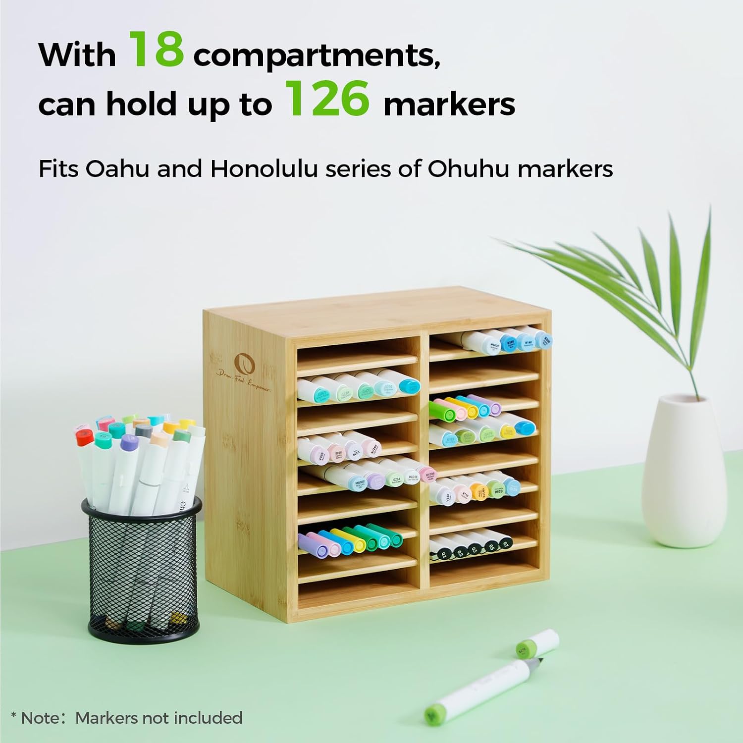 126-Marker Bamboo Desktop Organizer with 18 Compartments