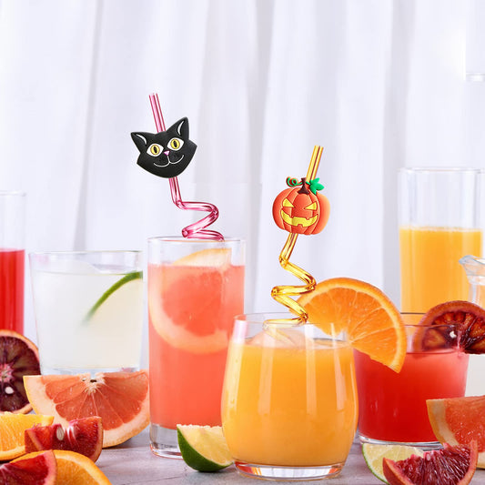24PCS Halloween Curly Straws – Reusable Multicolor Party Straws with Bats, Ghosts, Cats, Pumpkin, Witch & Spider Patterns