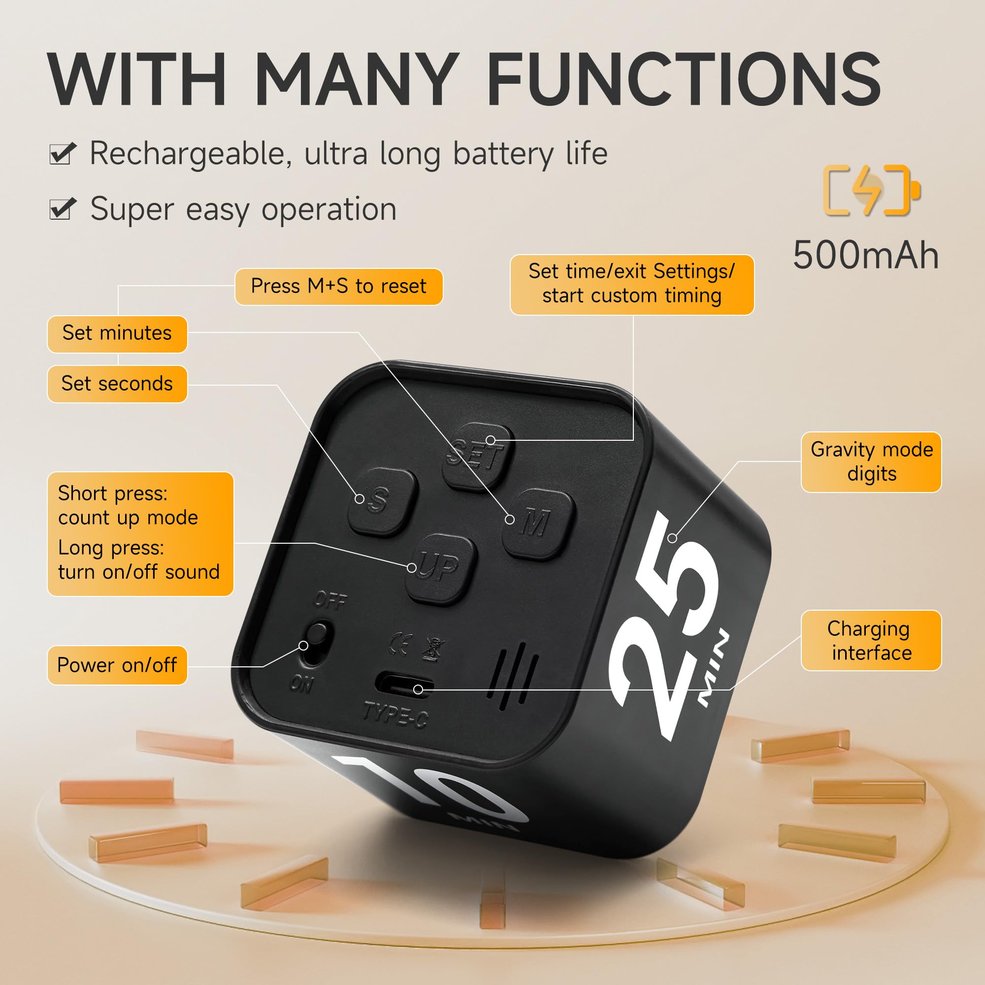 EXLLIY Rotating Focus Cube Timer with Custom Presets, Visual Energy Bar & Silent Mode – Black