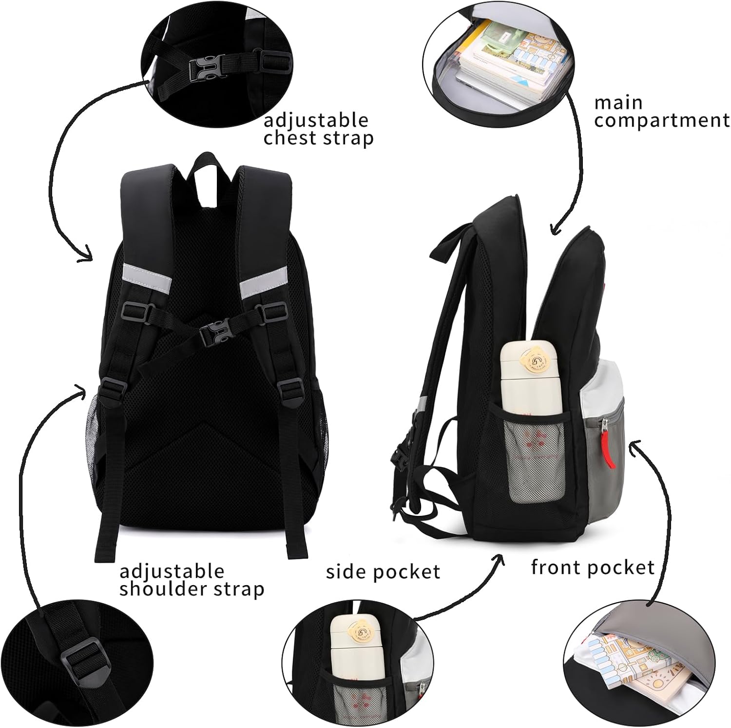 Black Grey Kids Backpack Set with Insulated Lunch Bag