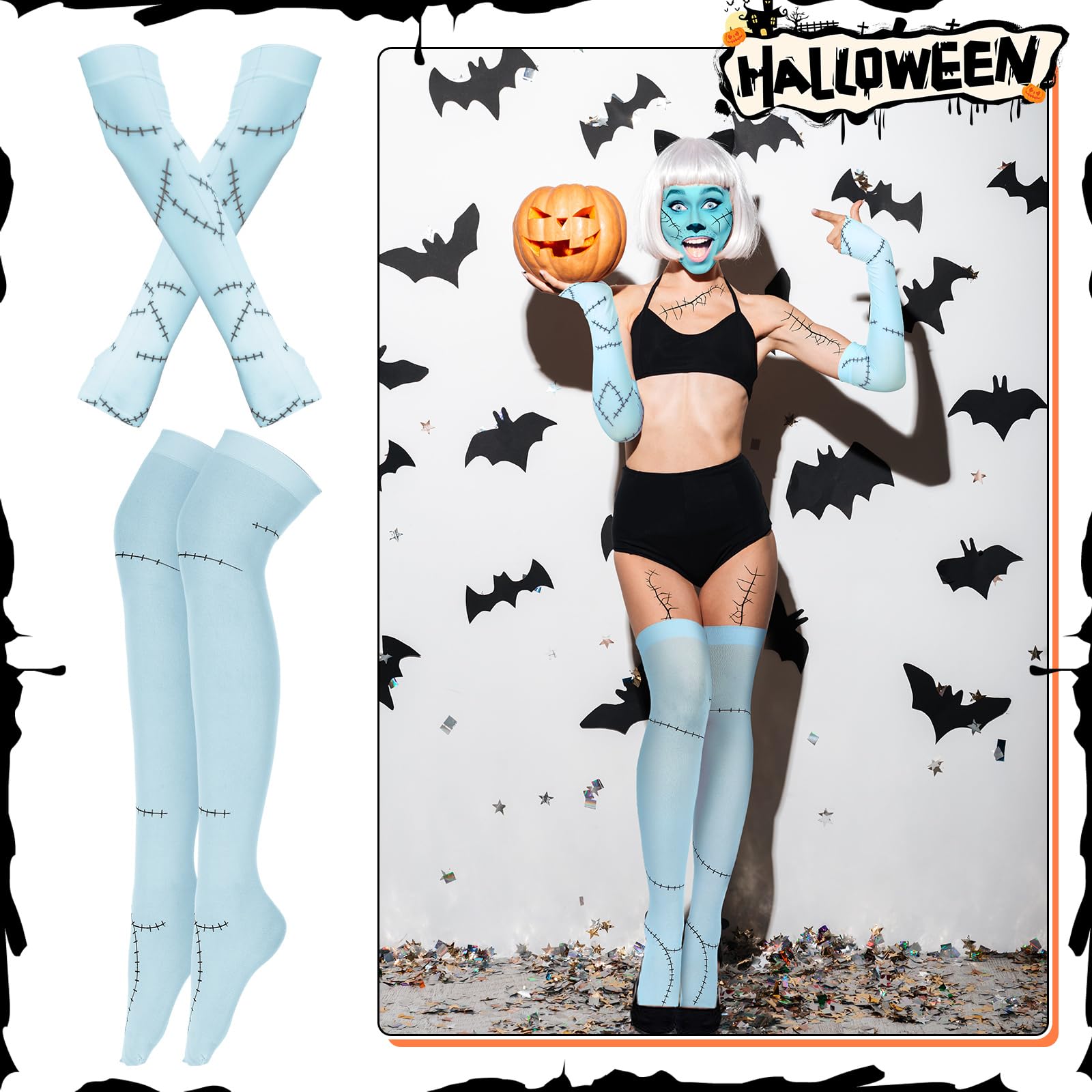 Blue Stitched Halloween Costume Set – Scar Gloves, Stockings, Tattoos & Body Paint 💙🩹