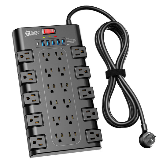 SUPERDANNY 28-in-1 Heavy Duty Surge Protector Power Strip with 22 Outlets & 6 USB Fast Charging Ports Flat Plug Extension Cord