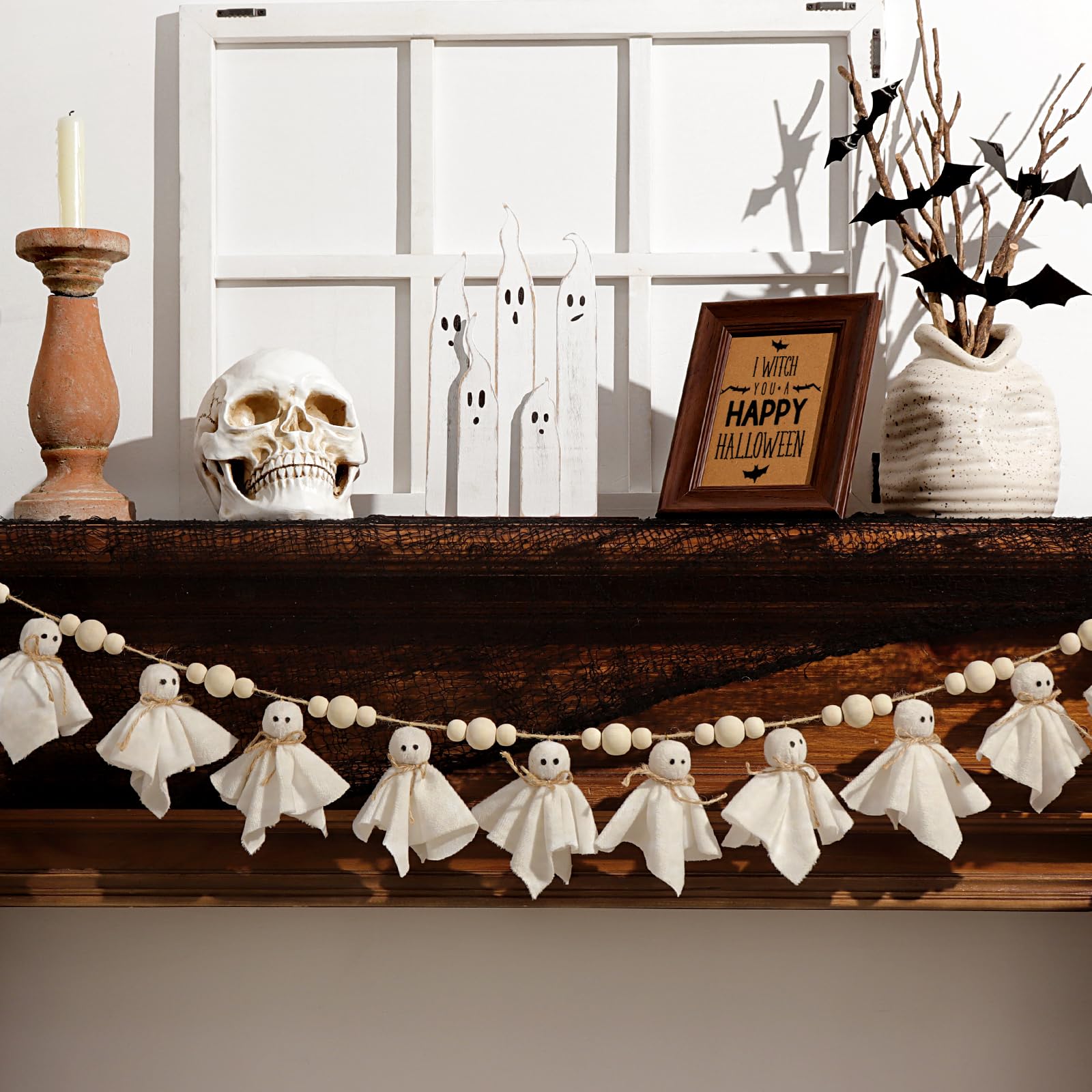 Felt Ghost Garland with Wooden Beads – 2M Handmade White Halloween Banner for Mantle, Fireplace & Wall Décor (White)
