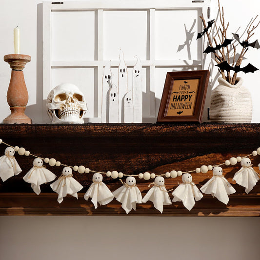 Felt Ghost Garland with Wooden Beads – 2M Handmade White Halloween Banner for Mantle, Fireplace & Wall Décor (White)