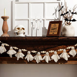 Felt Ghost Garland with Wooden Beads – 2M Handmade White Halloween Banner for Mantle, Fireplace & Wall Décor (White)