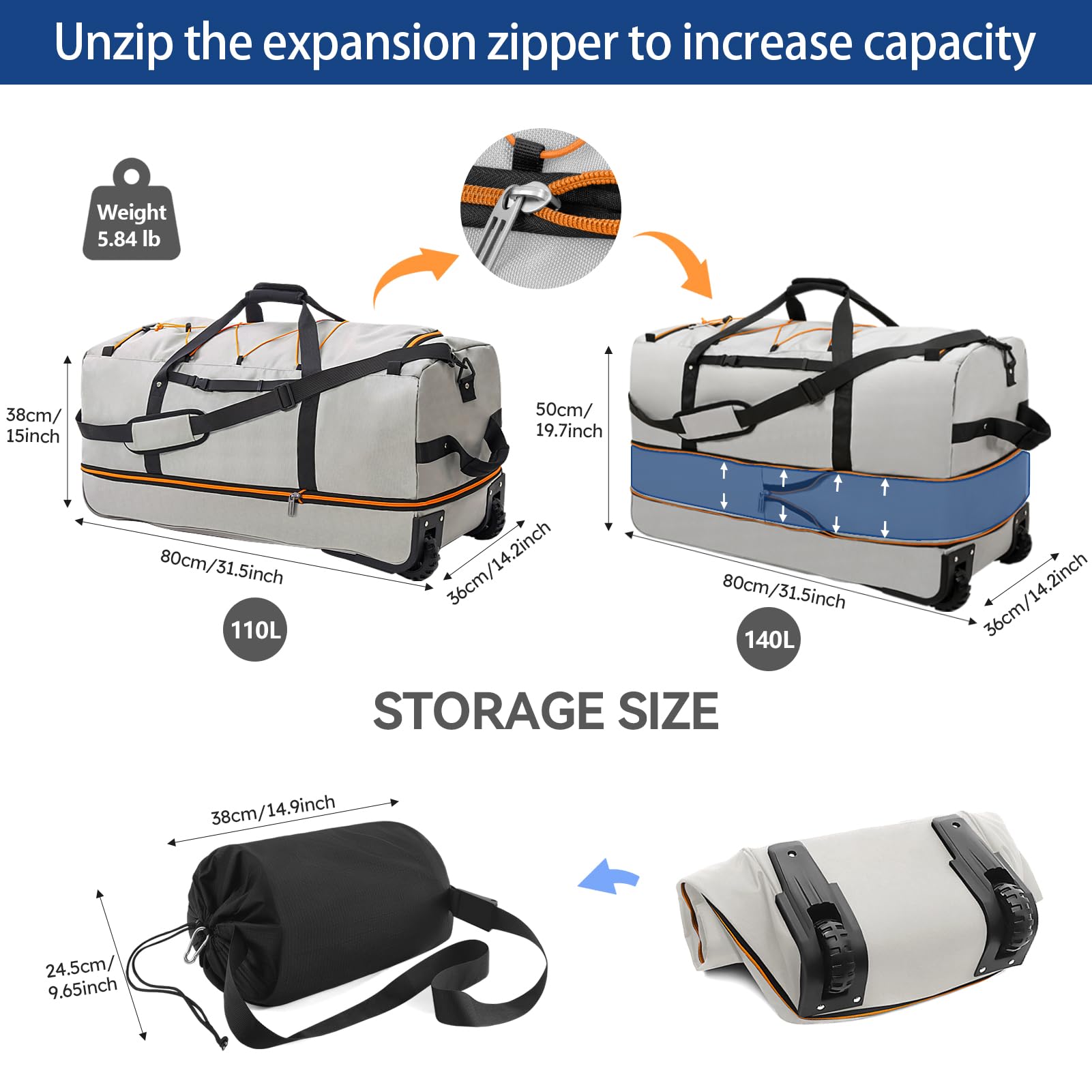 Vrtisa Expandable Rolling Duffle Bag 110L–140L, Foldable Soft-Sided Travel Luggage with Wheels & Shoulder Strap (Grey)