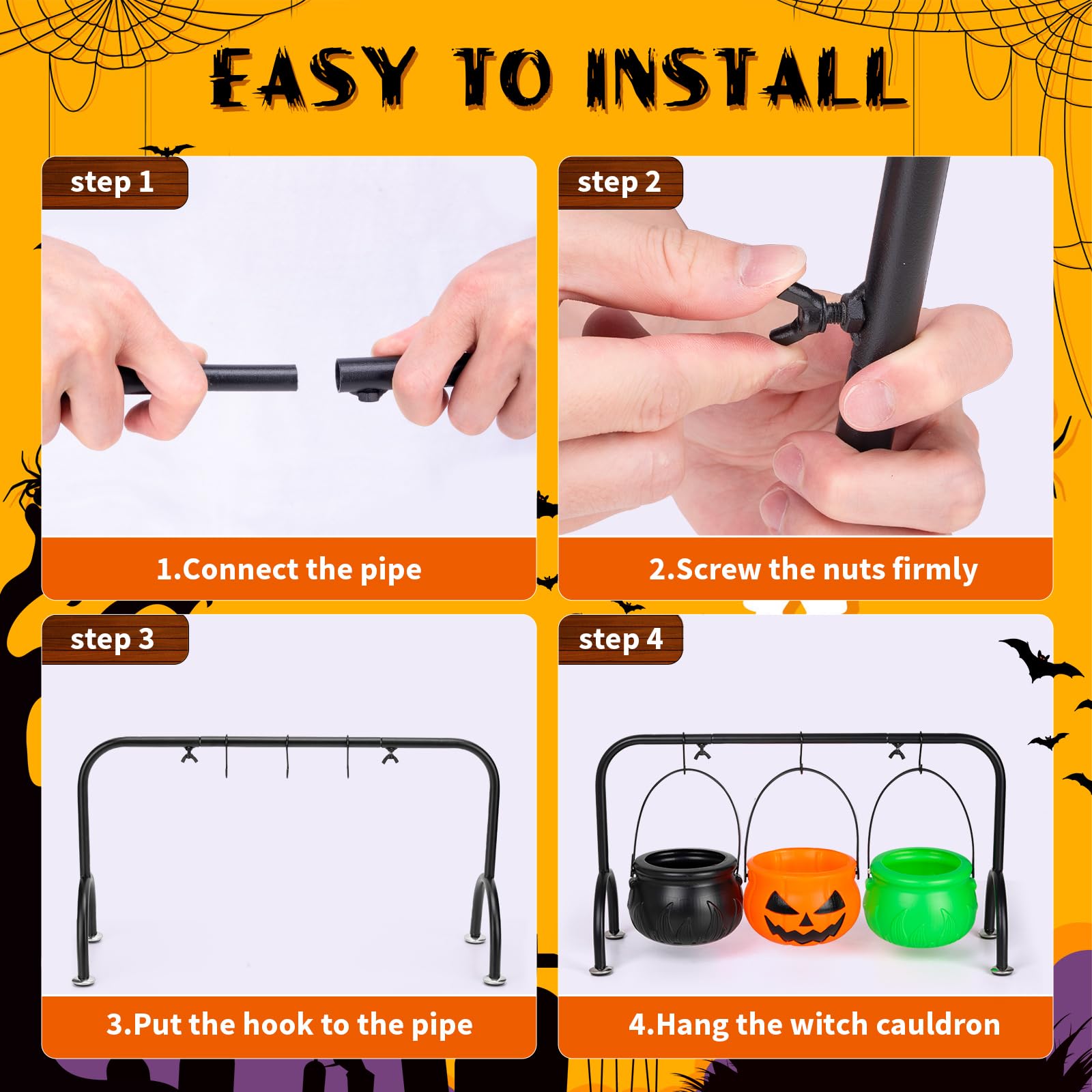 3-Tier Halloween Witch Cauldron Candy Server – Black Iron Stand with 3 Plastic Cauldron Bowls