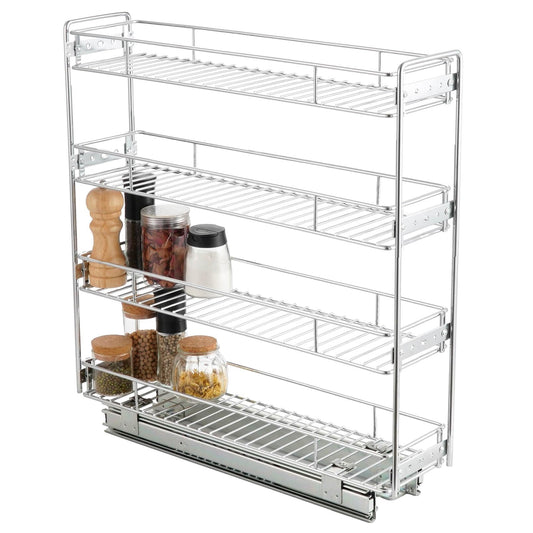Ultra-Slim 4-Tier Pull-Out Cabinet Organizer – Vertical Spice & Storage Rack for Narrow Spaces (Silver)