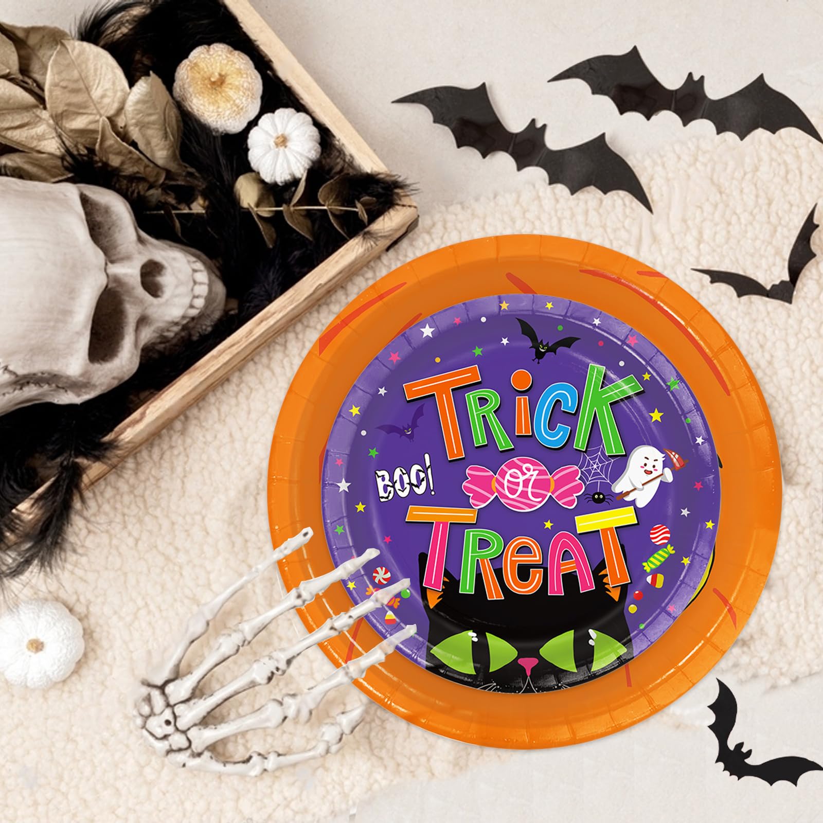 Halloween Party Supplies Set for 24 Guests – Includes Plates, Cups, Napkins, Tablecloth, Banner & Hanging Swirls – Complete Halloween Tableware & Decorations Kit