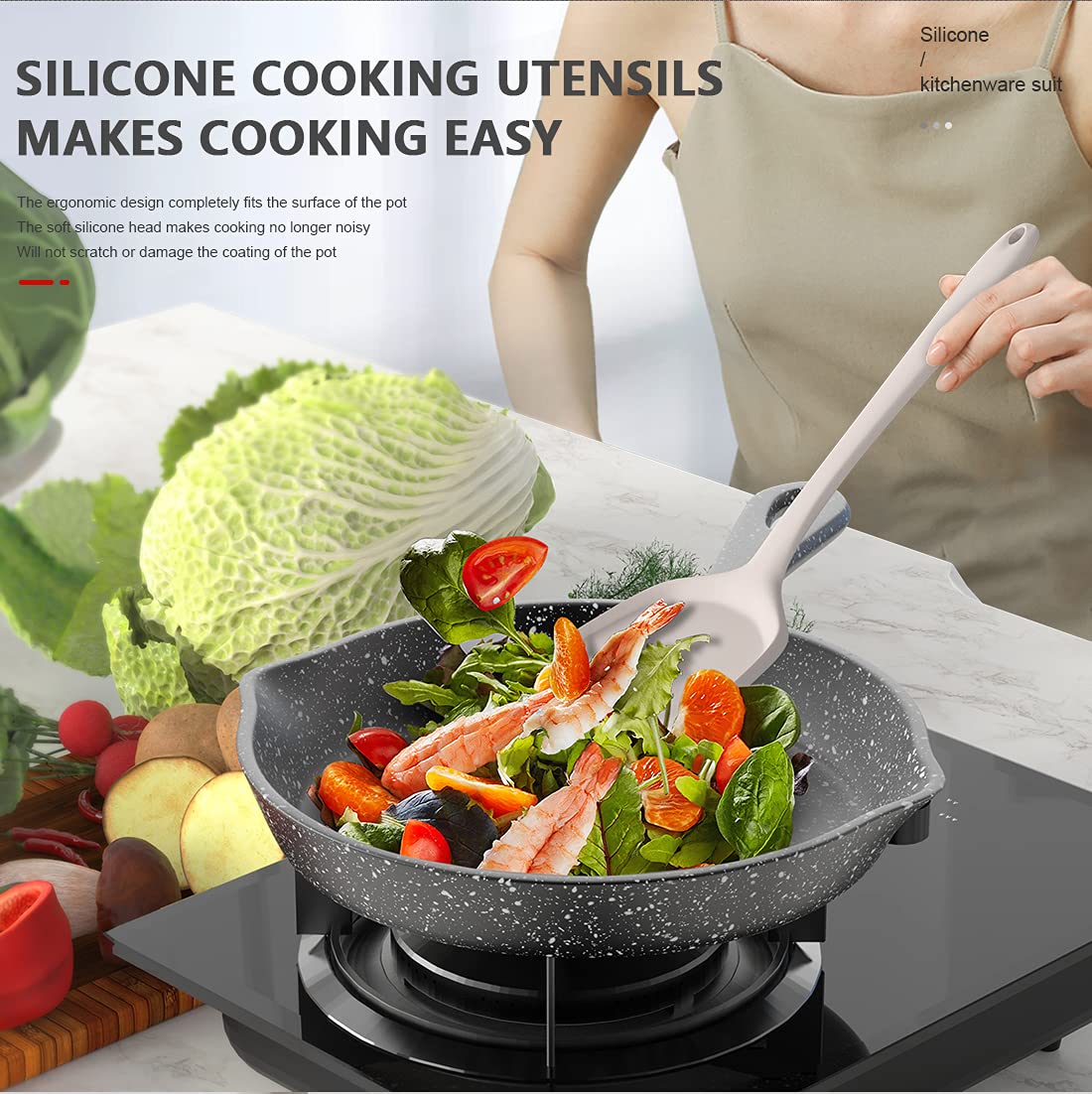 15-Piece Food-Grade Silicone Kitchen Utensil Set with Holder – Heat Resistant, Non-Stick Safe (Khaki)