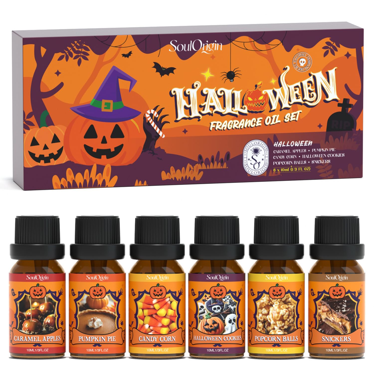 Halloween Essential Oil Set – 6 Frightfully Fun Scents (Caramel Apples, Pumpkin Pie, Candy Corn, Halloween Cookies, Popcorn Balls & Snickers Bars) – Festive Aromatherapy Oils for Candles, Diffusers & DIY Crafts