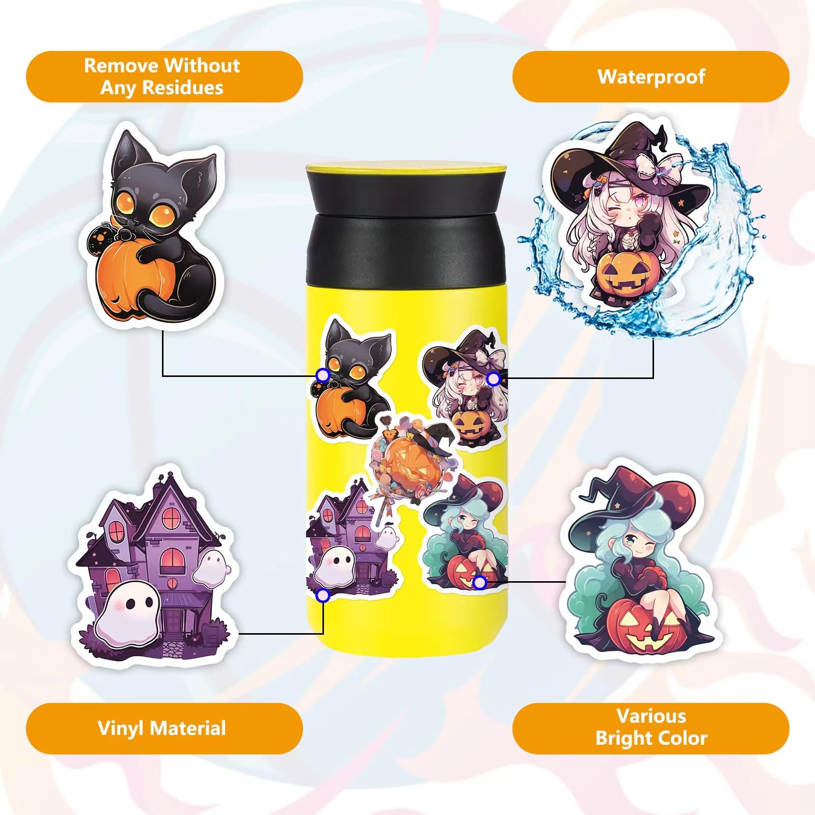 100PCS Non Repeating Halloween Children's Cartoon Pumpkin Themed Stickers Party Favors Vinyl Waterproof Holiday Party, Halloween Children's Cartoon Party Stickers Decoration