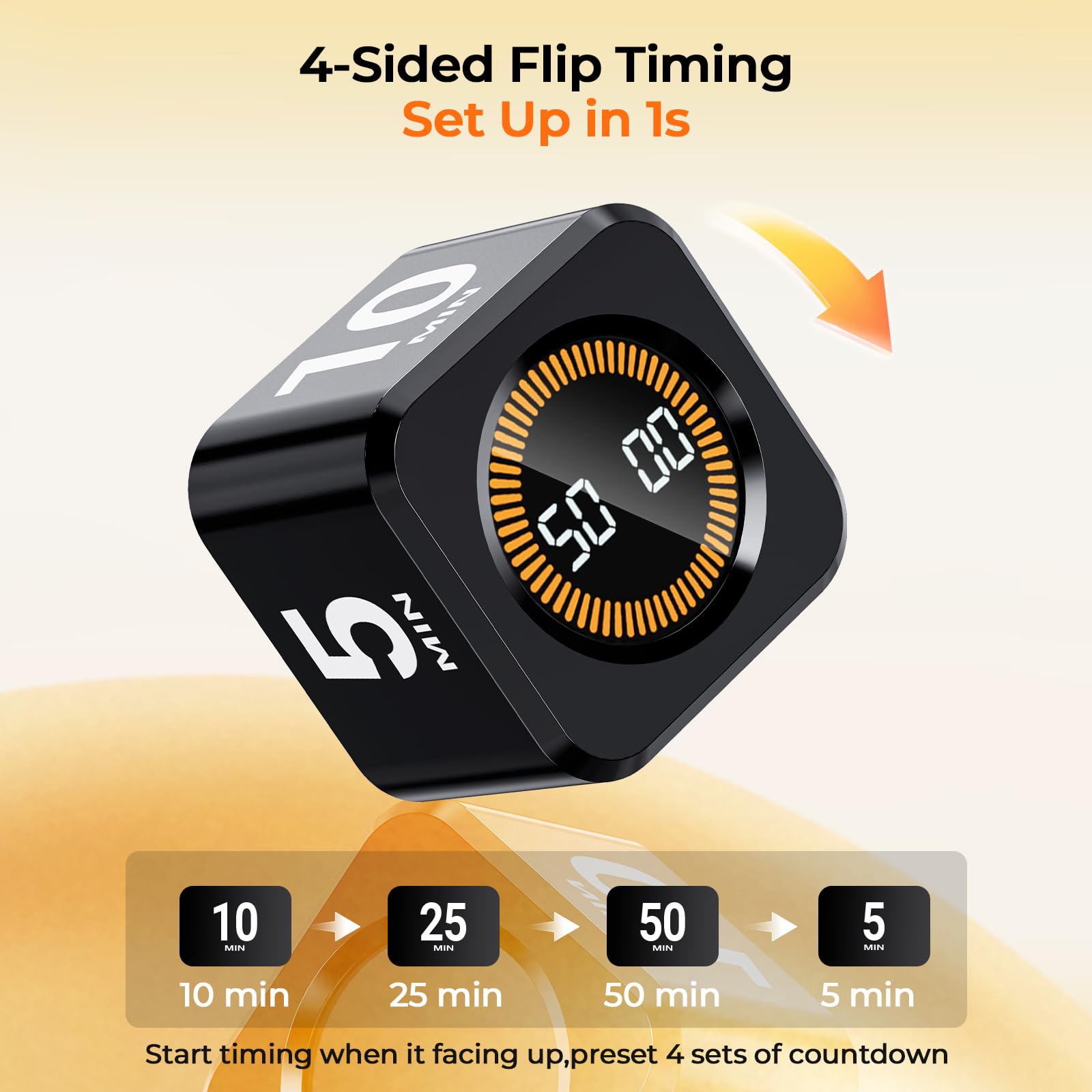 EOOCOO Visual Pomodoro Timer Cube with Gravity Flip, LED Progress Display & USB-C Rechargeable Design – Black