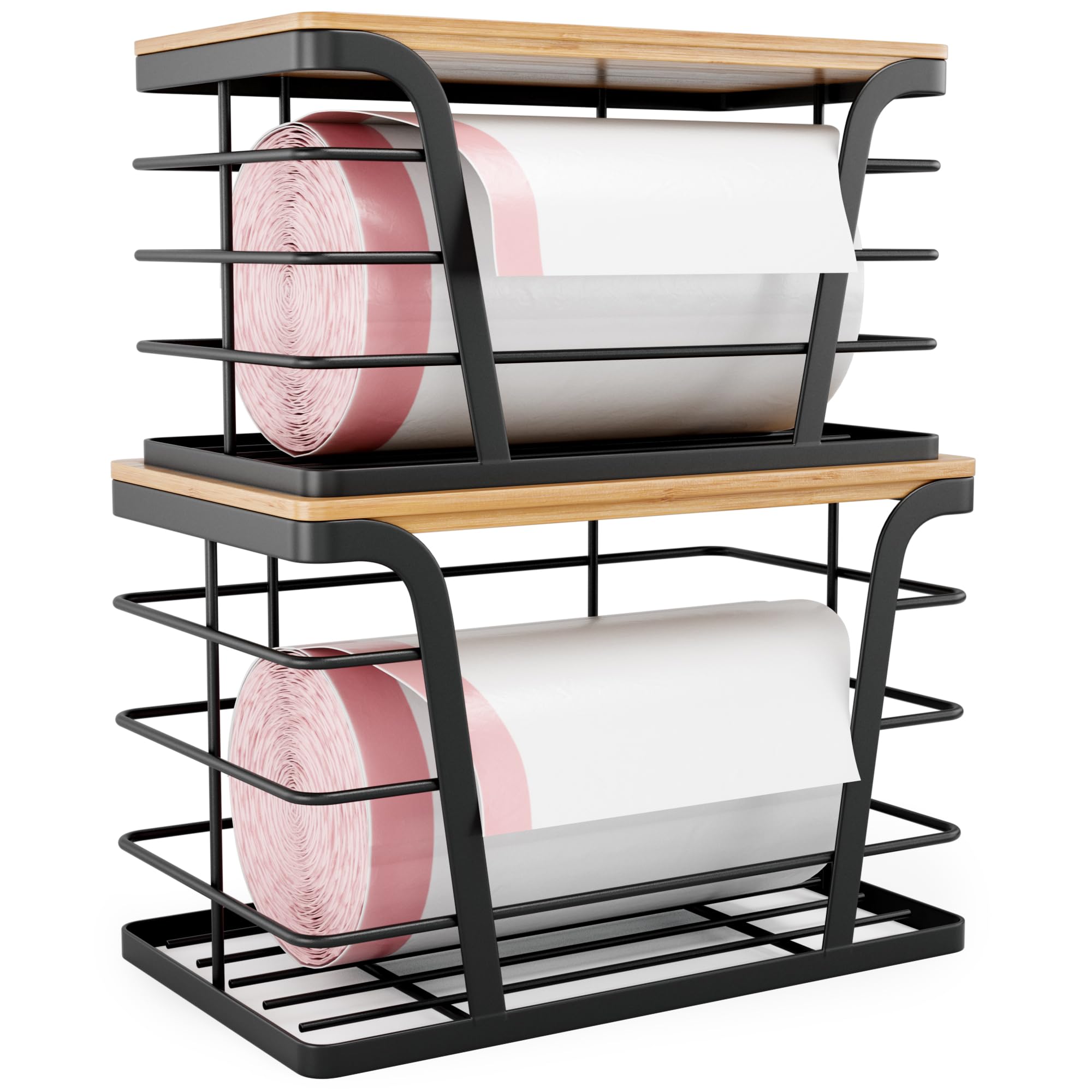 Trash Bag Organizer Dispenser Set (2-Pack) – Stackable Wall-Mount Storage with Bamboo Top for Kitchen, Pantry & Laundry