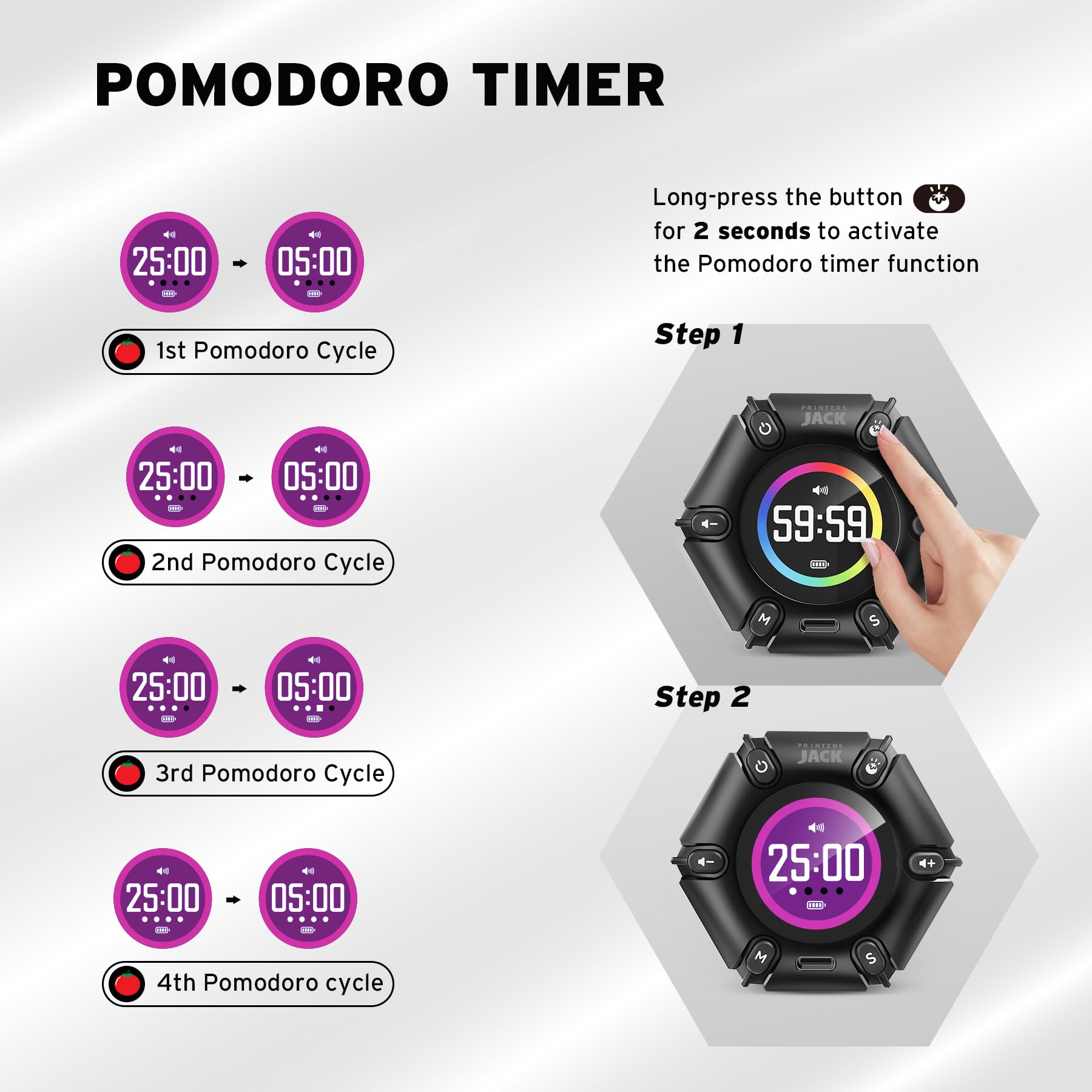 JACK Pomodoro Timer Productivity Cube with Visual Display, 3-5-10-25-30-60 Min Presets, Mute/Vibration/Sound Alerts, Rechargeable Focus Timer for Office, Study & ADHD – Real Black