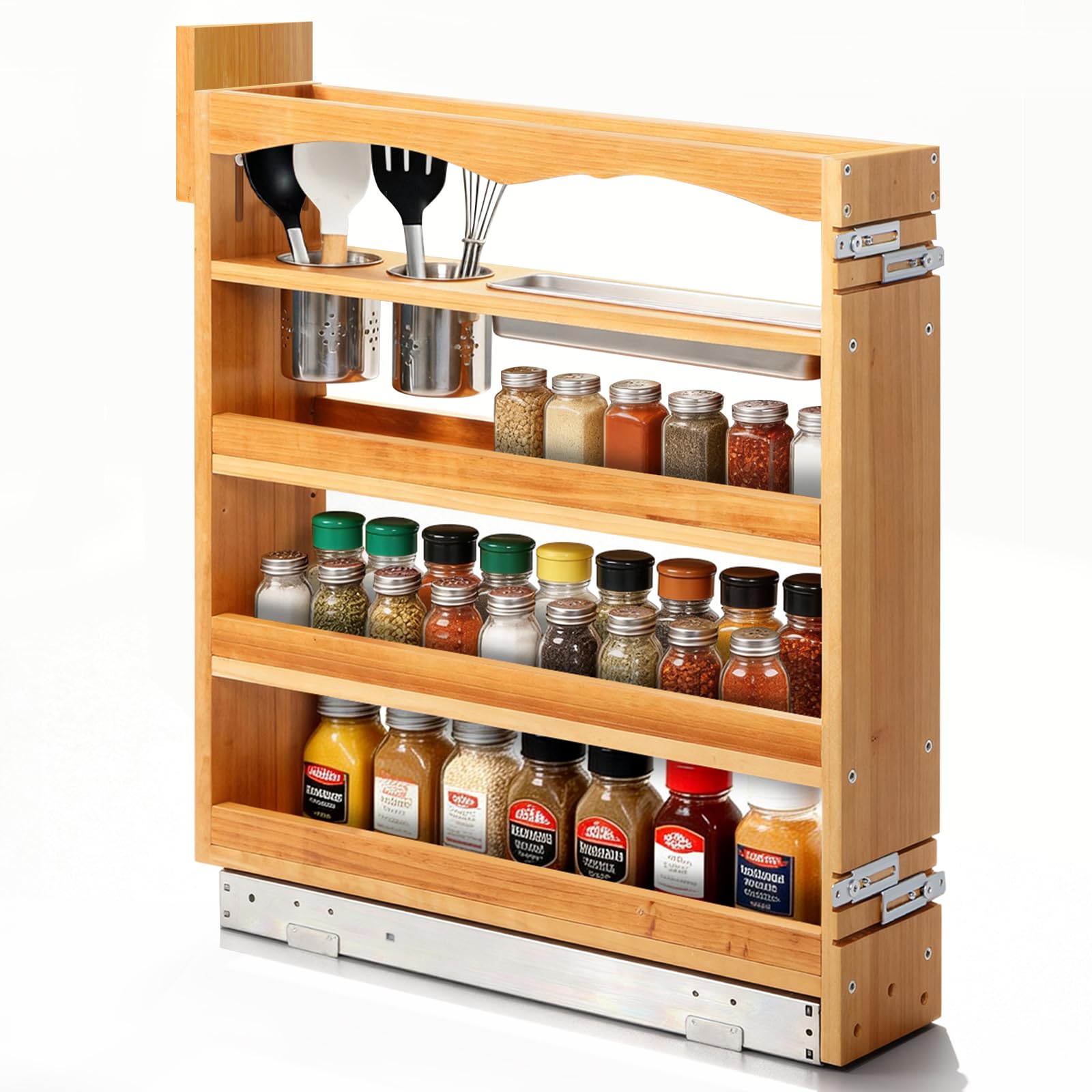 Solid Wood 4-Tier Pull-Out Spice Rack – Slim Soft-Close Cabinet Organizer for Narrow Pantry Spaces
